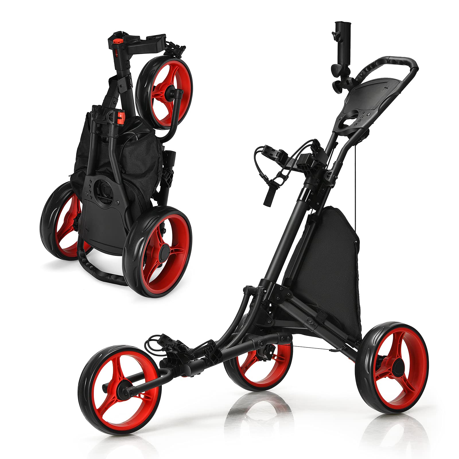 GYMAX 3-Wheel Aluminum Folding Golf Push Cart - Adjustable Height Lightweight Golf Trolley with Umbrella Holder & Waterproof Bag - Portable Quick Open Design for Golf Course, Driving Range & Outdoor Practice