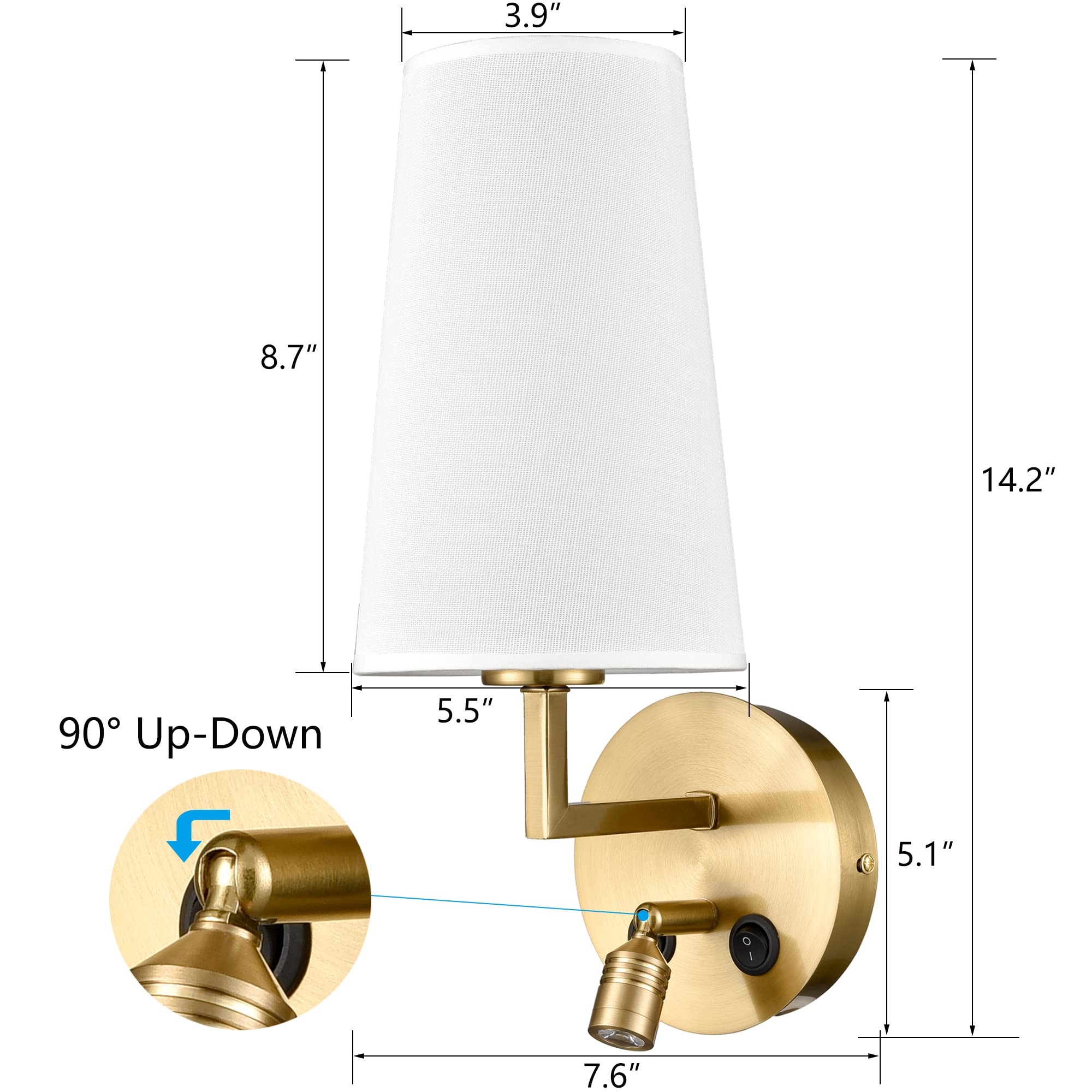 Modern Brass Wall Sconces Set of 2 - Gold USB Wall Lamps with Fabric Shade & Switch - Bedroom, Hallway & Living Room Lighting - Perfect for Ambient Lighting & Home Decor