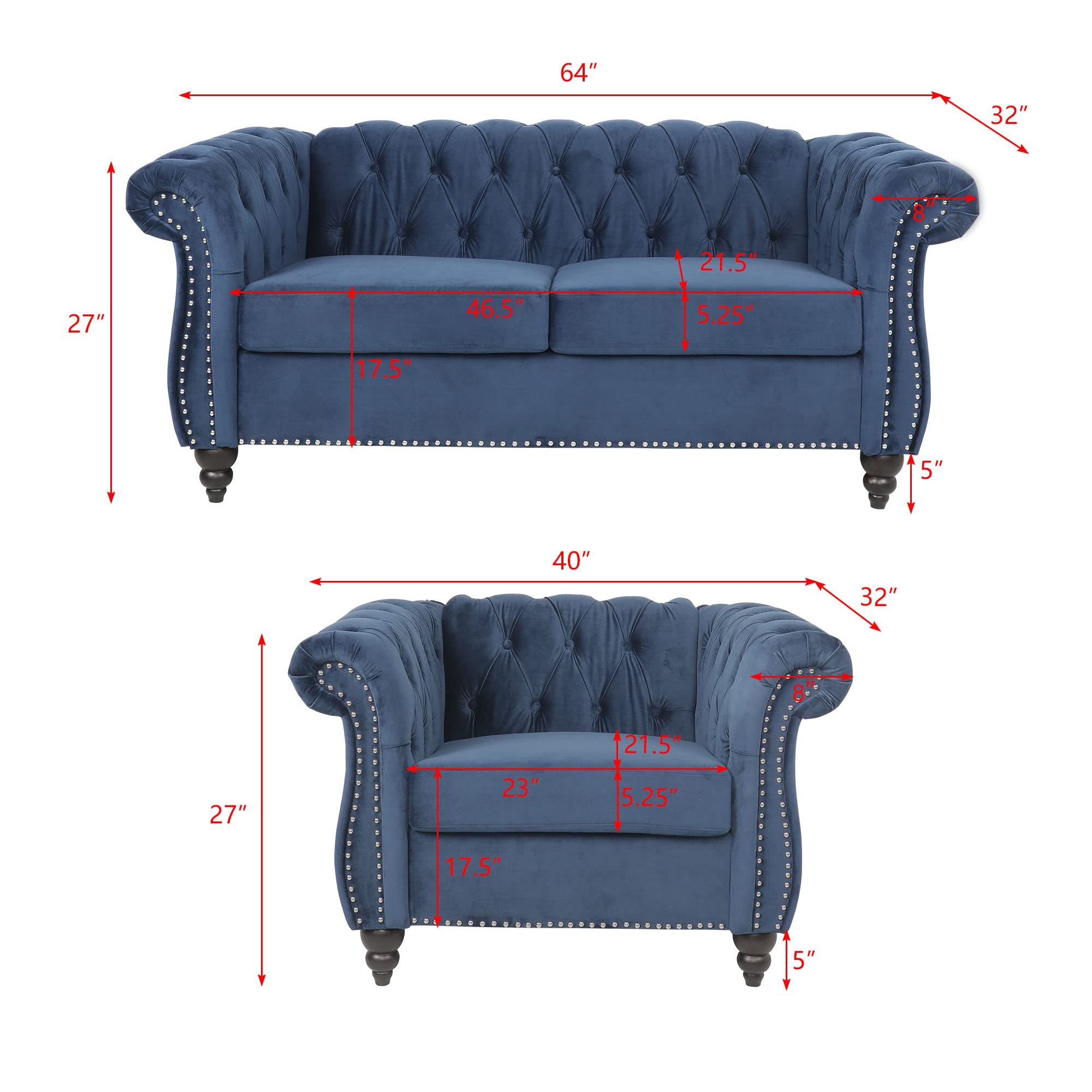 RARZOE Contemporary Velvet Chesterfield Chair - Blue Tufted Club Chair with Scrolled Arms & Nailhead Trim - Luxurious Accent Chair for Living Room, Bedroom & Office - Perfect for Home Decor, Reading Nook & Lounge Areas