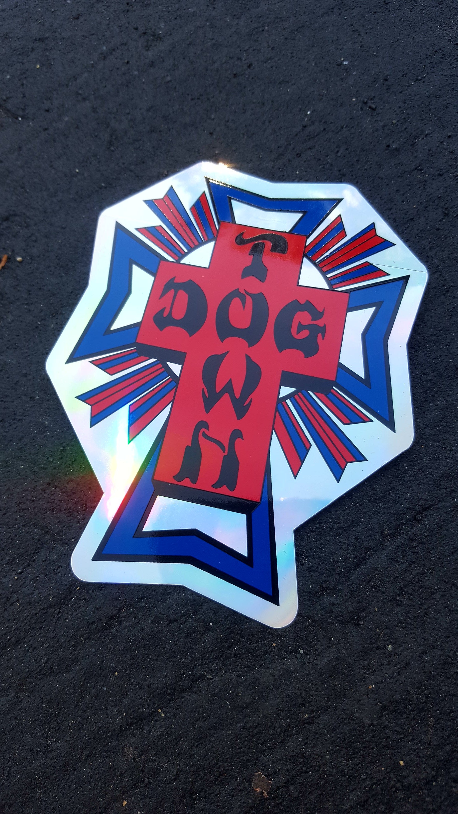 Dogtown Cross Sticker - Red & Blue Foil Decal for Cars, Laptops, and DIY Crafts | Religious & Patriotic Decor
