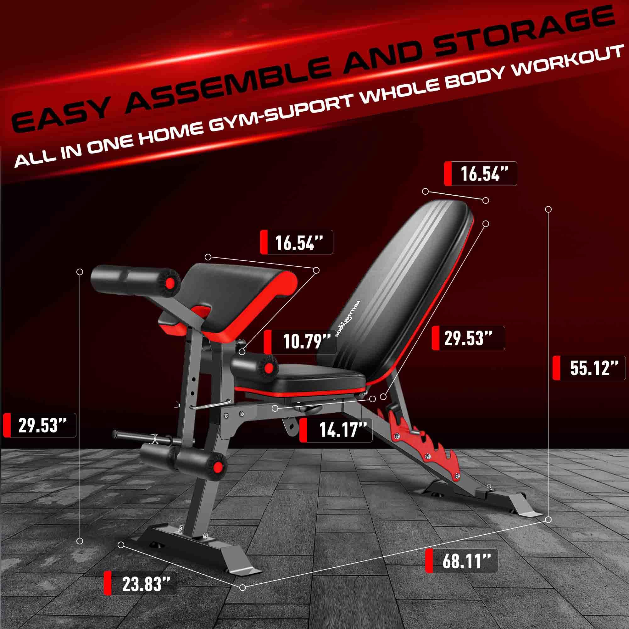 BODYRHYTHM Adjustable Weight Bench with Leg Extension & Preacher Pad - Multifunctional Home Gym Equipment for Full Body Workout, Strength Training, Flat/Incline/Decline Bench Press - Perfect for Home Fitness & Garage Gym Setup