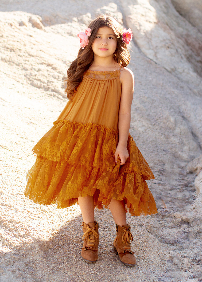 Catrina Dress in Marigold - Mexican Folkloric Floral Maxi Dress for Women | Perfect for Day of the Dead Celebrations, Halloween Costumes & Latin Festivals