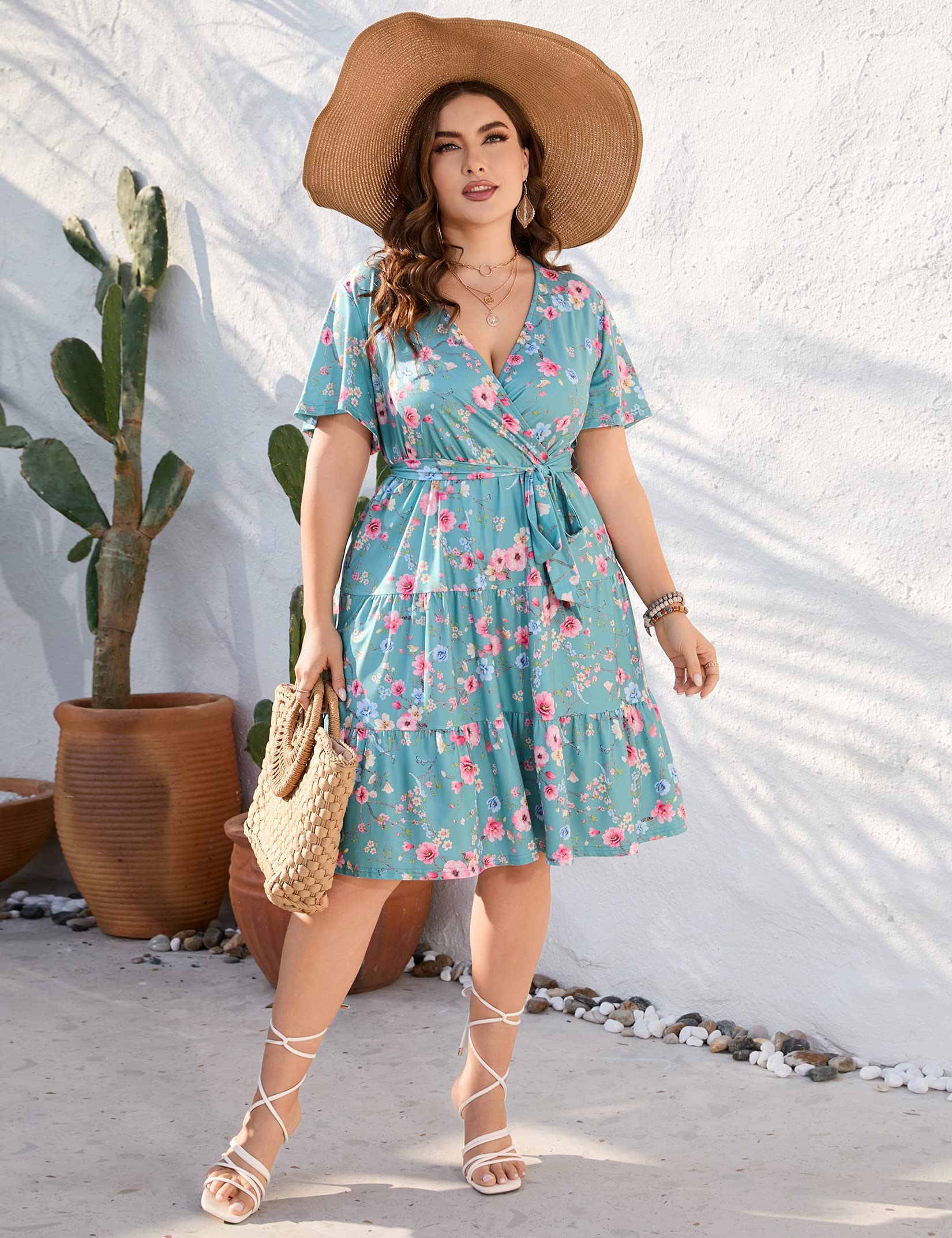 KOJOOIN Women's Plus Size V-Neck Wrap Dress - High Waisted Short Sleeve Summer Casual Midi Dress with Belt | Perfect for Beach Vacations, Date Nights & Office Wear