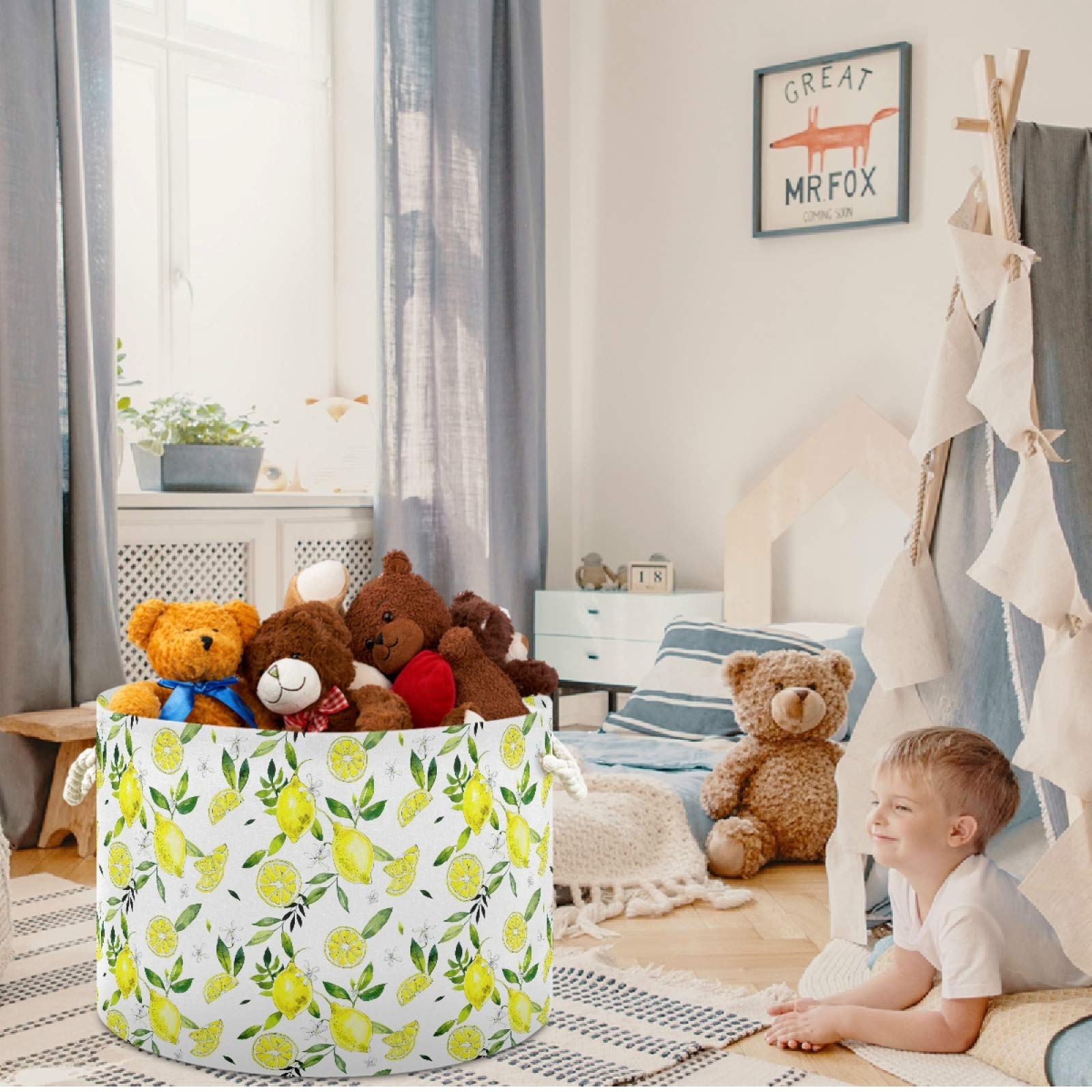 Visesunny Cute Yellow Lemon Floral Collapsible Laundry Basket - Fabric Storage Bin for Clothes, Toys & Organizing - Perfect for Bathroom, Bedroom, Nursery, Closet & Office - Durable & Space-Saving Storage Solution
