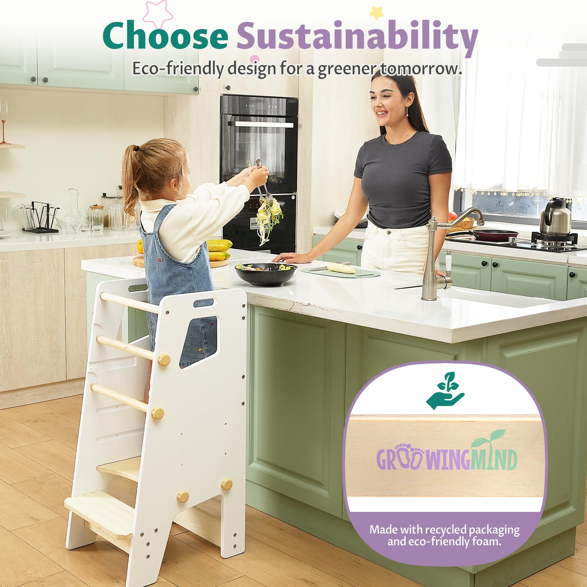 GroowingMind® Adjustable Montessori Toddler Tower - Safe Kitchen Step Stool for Kids, Multi-Use Learning Tower & Standing Helper - Perfect Toddler Chair for Cooking, Baking & Playtime Activities