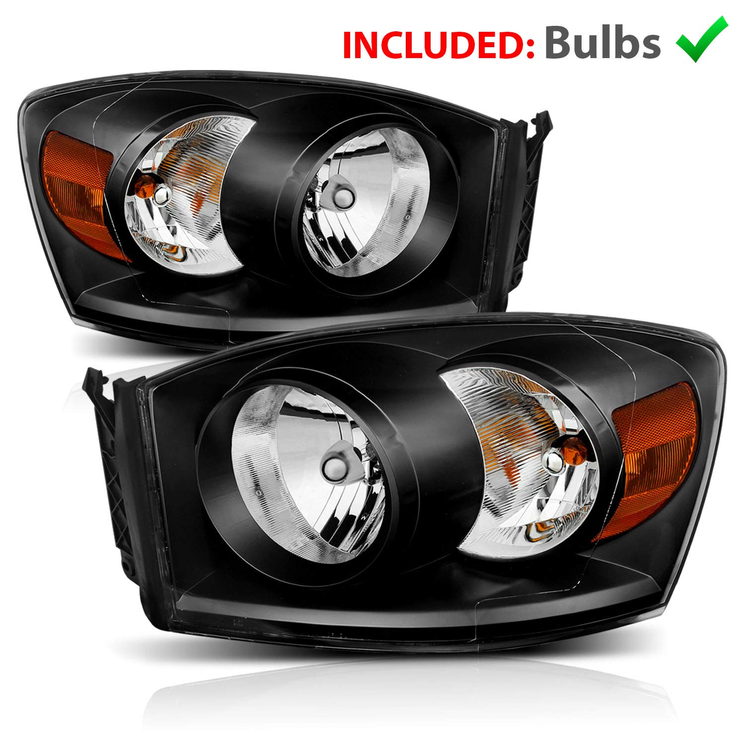 AmeriLite Black Replacement Headlights Pair for 2006-2008 Dodge Ram 1500 & 2006-2009 Ram 2500/3500 (Bulbs Included) - Perfect for Night Driving & Off-Road Adventures