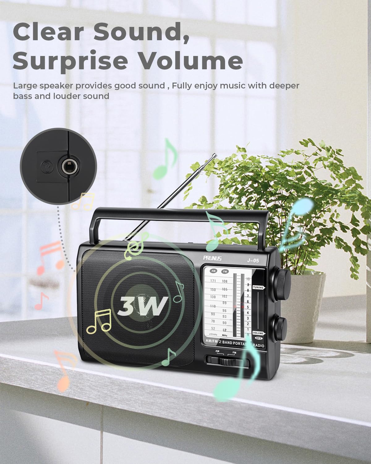 PRUNUS J-05 Portable AM/FM Radio with Strong Reception - Battery Operated (3 D Cell) or AC Power - Compact Transistor Radio for Home, Office, Emergency & Outdoor Use - Black