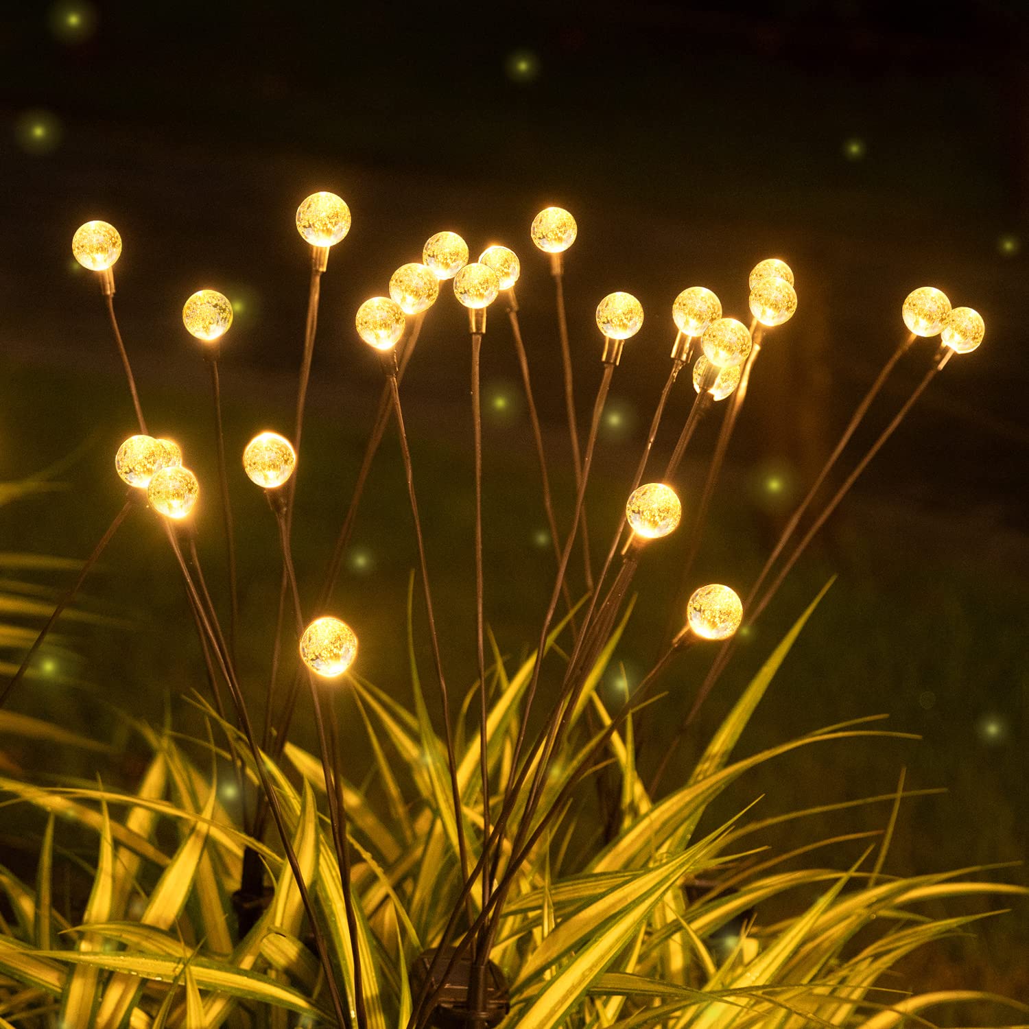 KHTO Solar Firefly Lights Outdoor Waterproof - 2 Pack Warm White Solar Crystal Ball Starburst Swaying Garden Lights for Yard, Patio, Pathway Decoration - Perfect for Outdoor Weddings, Backyard Parties, and Landscape Lighting