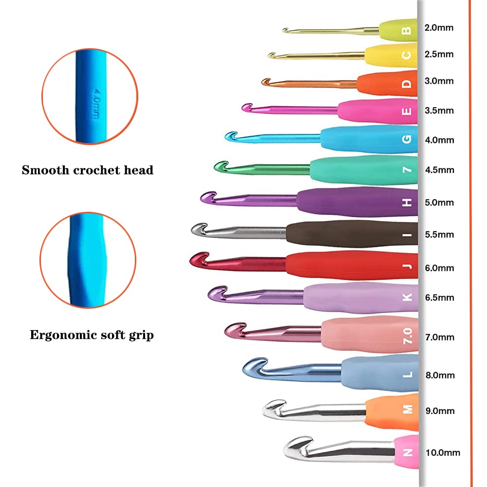 2.0mm & 2.5mm Aluminum Crochet Hooks Set with Soft Grip Rubber Handle - Ergonomic Design for Comfortable Knitting & Crocheting - Perfect for Beginners & Experts - Great for Making Scarves, Hats & Amigurumi