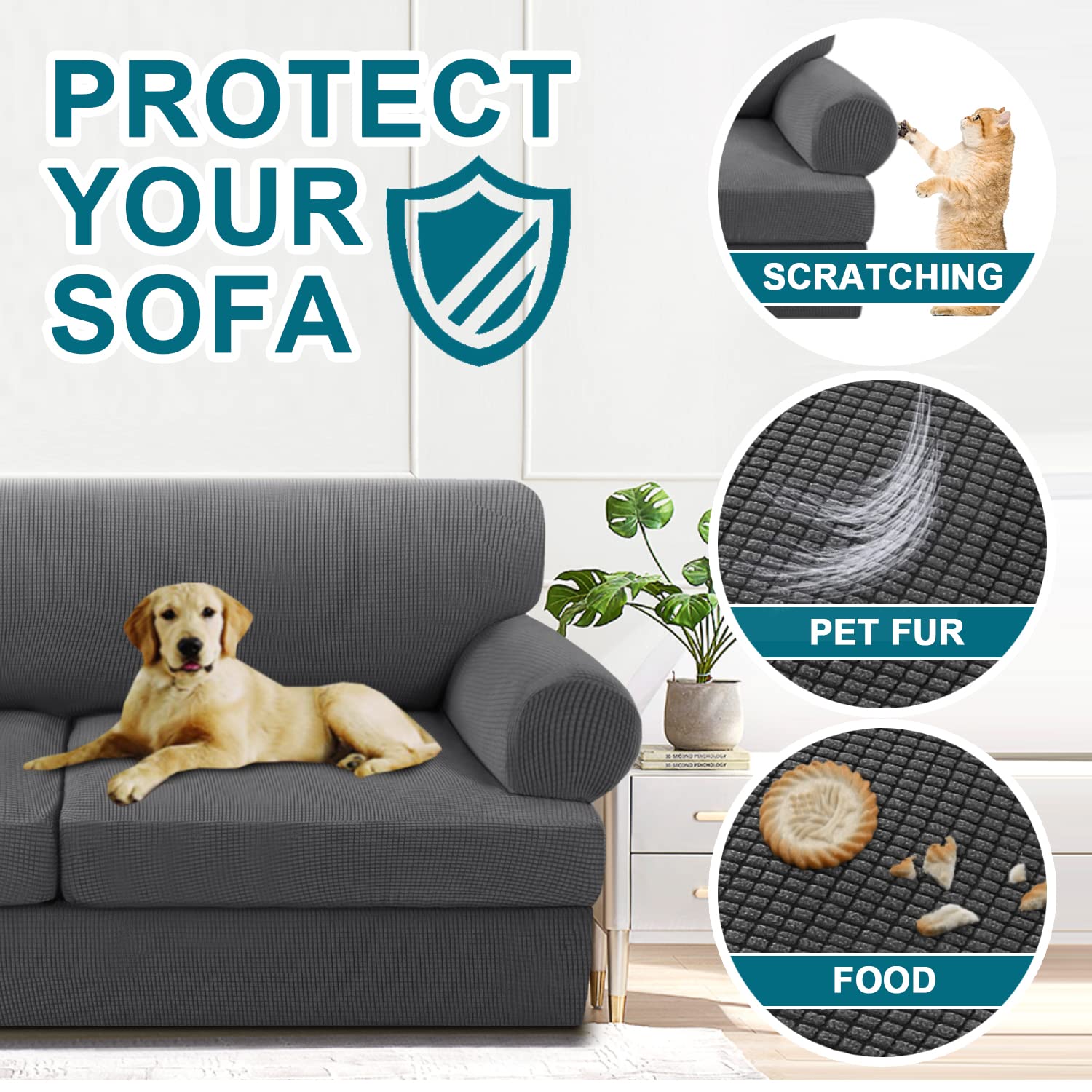 3-Piece Turquoise Sofa Cover Set for 2-Seater Couch with T-Cushions - Soft Stretchable Loveseat Slipcovers in Gray - Perfect for Living Room, Apartment & Home Decor Protection