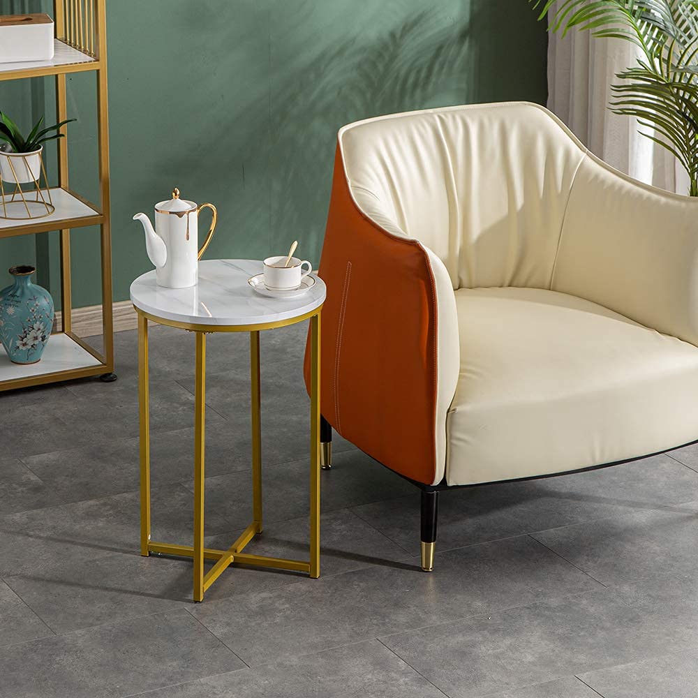Modern Round Side Accent Table with Faux Marble Top & Gold Metal Frame - End Table, Nightstand for Living Room, Bedroom - Easy Assembly (Perfect for Sofa Side, Reading Nook & Small Space Decor)