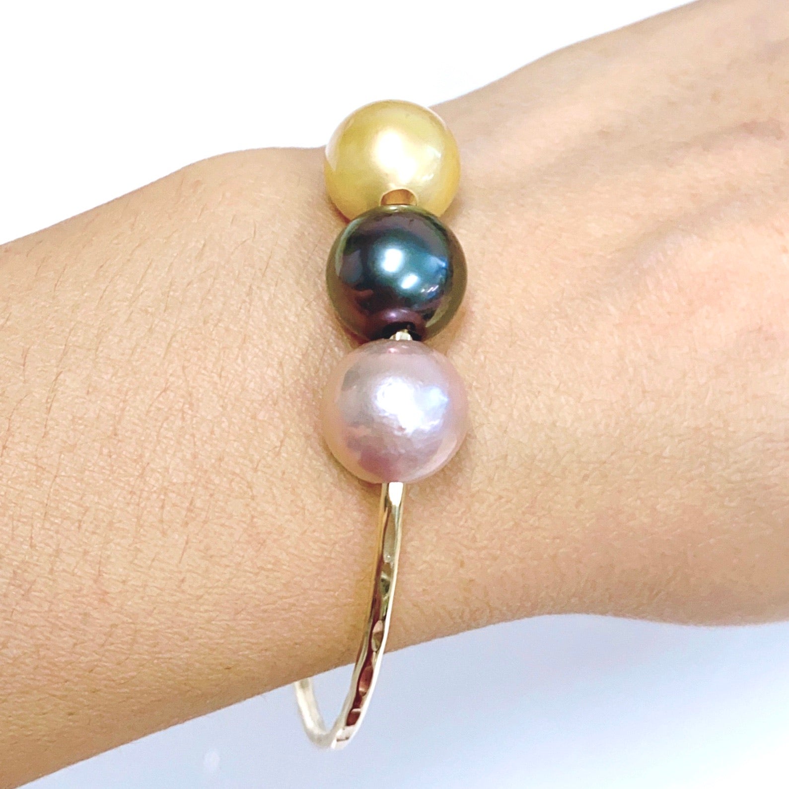 Luxury 11-12mm Gold South Sea & Pink Edison Tahitian Pearl Bangle Bracelet (B460) - Elegant Jewelry for Women, Perfect for Weddings, Parties & Special Occasions
