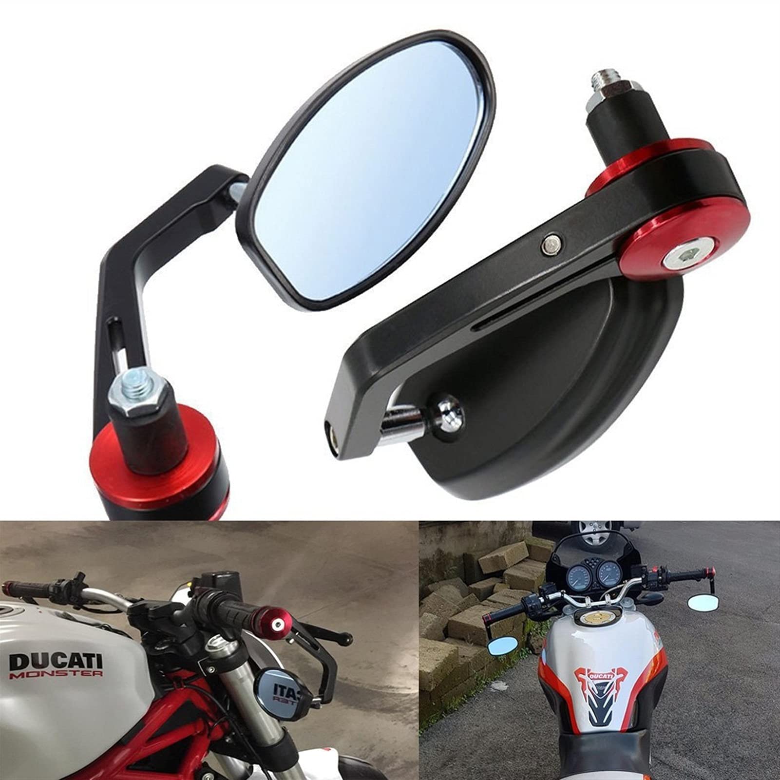 Universal Motorcycle Rear View Mirrors - 1 Pair Black Handlebar End Side Mirrors with Aluminum Blue Glass for Enhanced Safety & Style | Perfect for Cruisers, Sport Bikes & Commuting