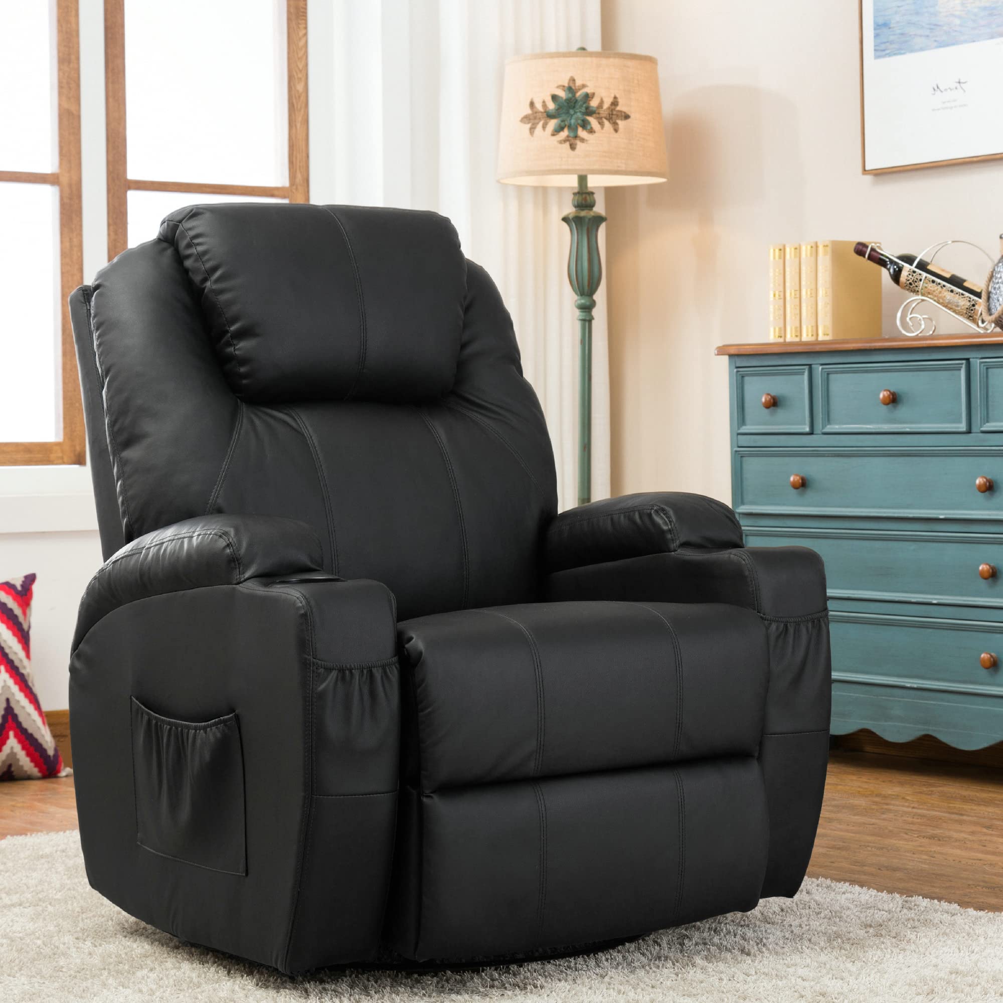 MCombo 360° Swivel Heated Massage Recliner Chair with Adjustable Settings - Black 7020BK - Perfect for Living Room, Home Theater, and Office Relaxation