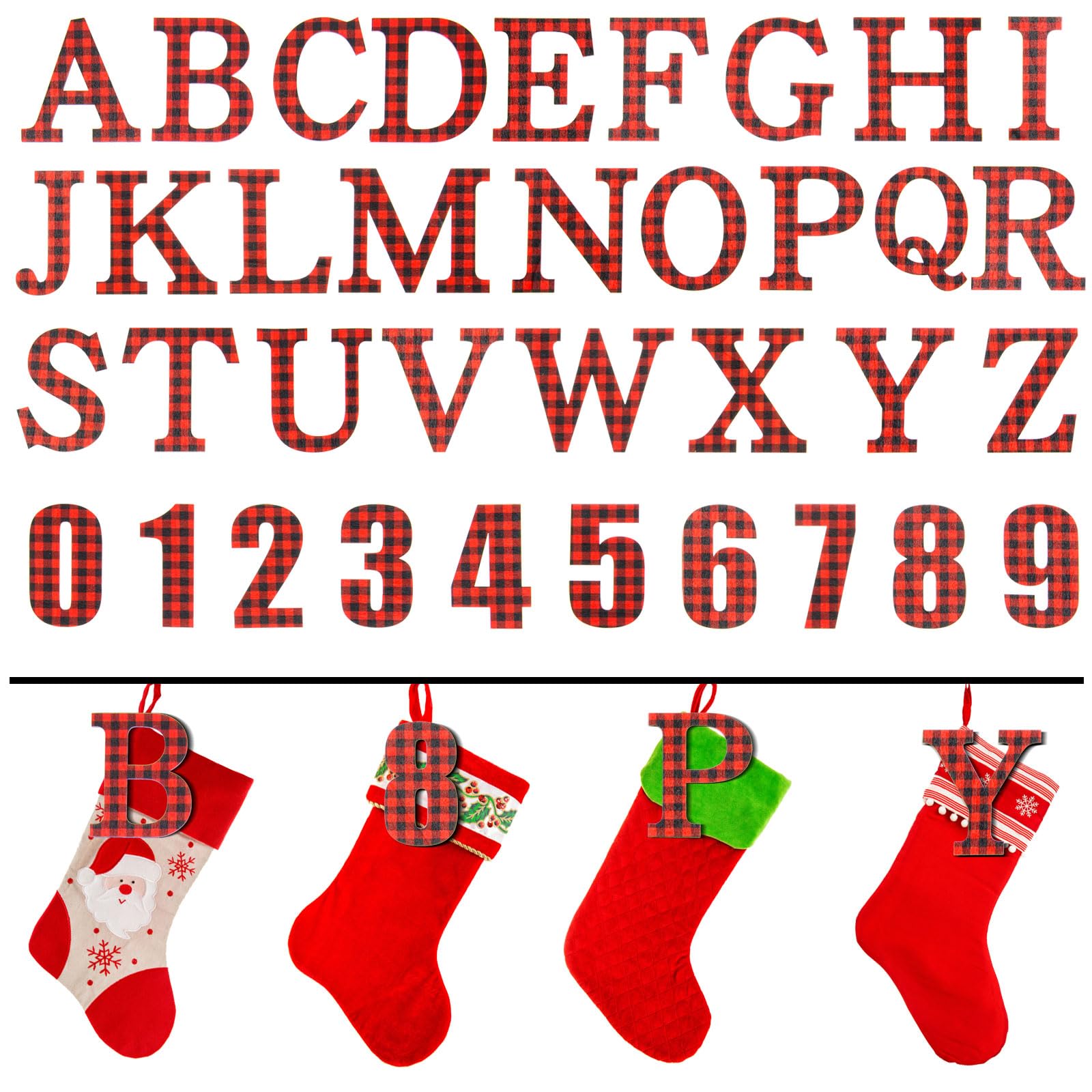 124 Pcs Personalized Wooden Christmas Stocking Letter & Number Tags - DIY Crafts, Name Tags, Ornaments (Red & Black Plaid) - Perfect for Holiday Decor, Gift Wrapping & Tree Trimming