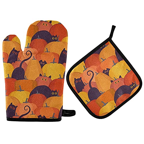 Orange Pumpkin Cat Oven Mitts & Pot Holder Set - Heat Resistant Kitchen Gloves for Baking, BBQ, Grilling - Fall Halloween Kitchen Decor - Eco-Friendly Recycled Material - Perfect for Thanksgiving, Christmas Cooking & Home Decor