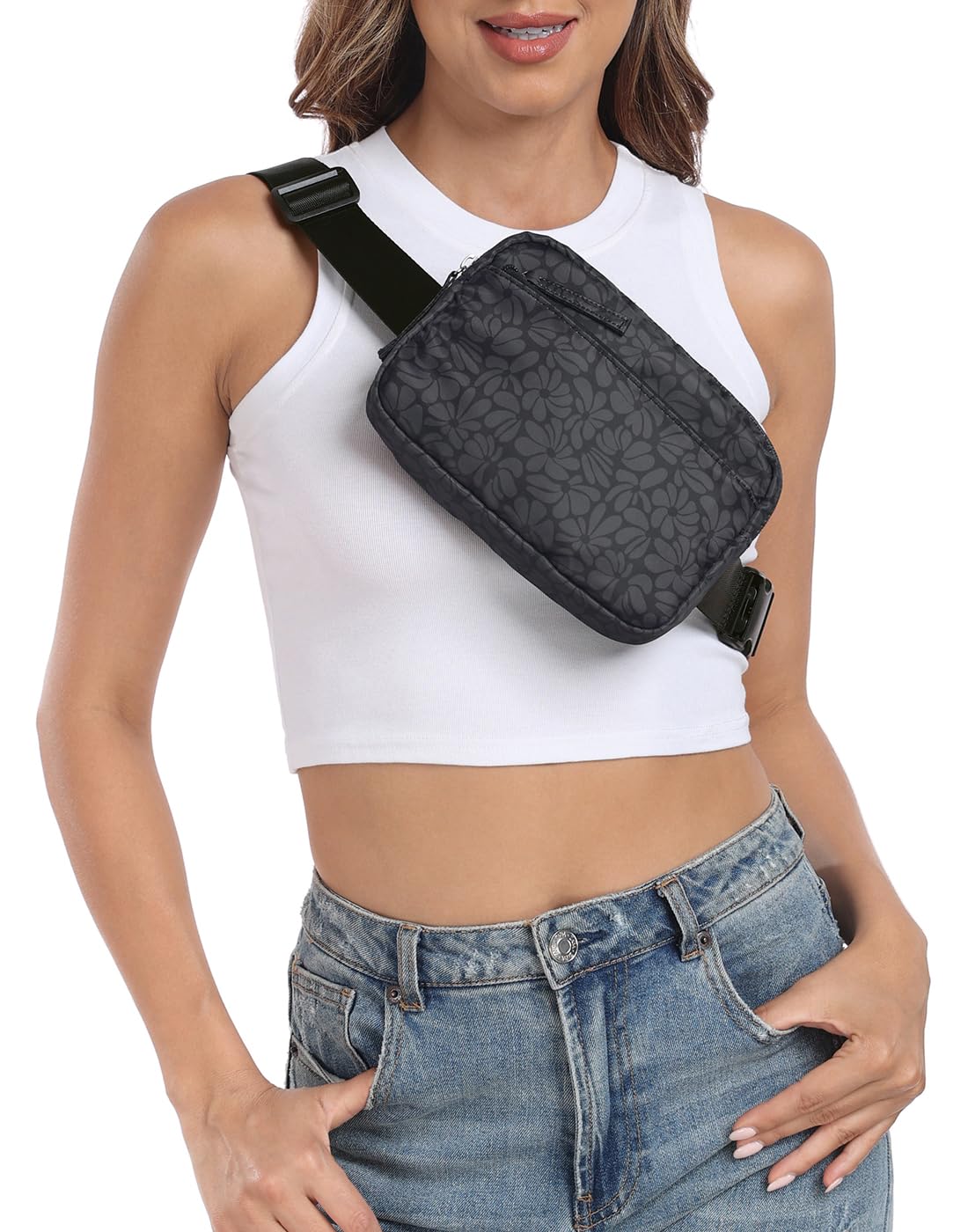 HDE 2L Adjustable Fanny Pack Cross Body Belt Bag for Travel, Running, Hiking - Black Floral Pop Waist Pack | Hands-Free Convenience for Outdoor Activities & Daily Use