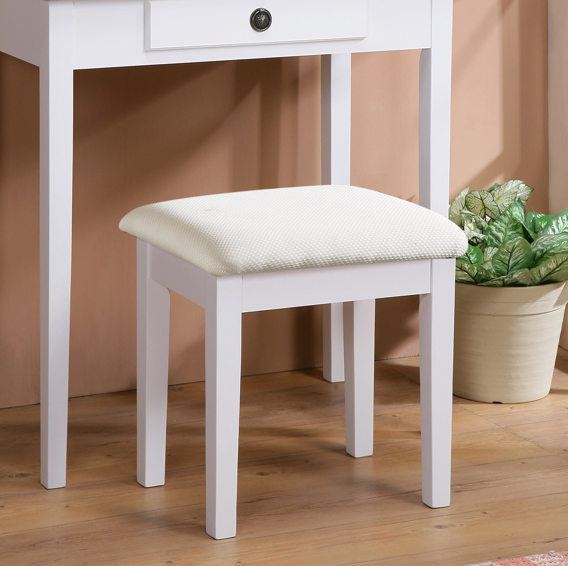 Roundhill Furniture Moniya Wood Vanity Table and Stool Set - White Makeup Dressing Table with Stool for Bedroom, Bathroom & Home Decor
