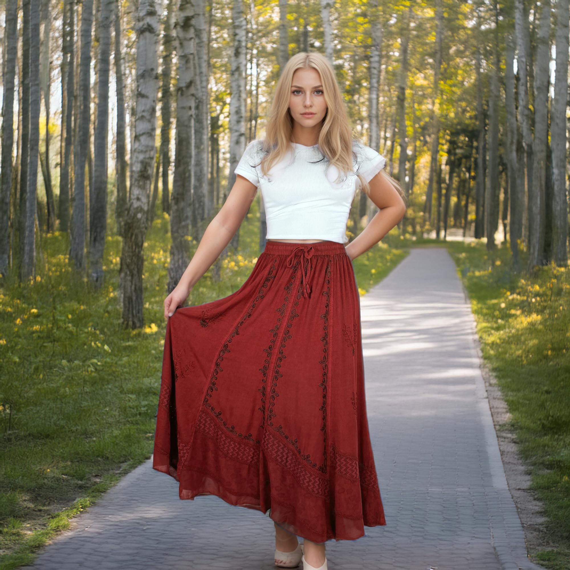 2025 Spring Women's Boho Flare Maxi Skirt with Elastic Waistband & Renaissance Embroidery | Agan Traders Long Bohemian Skirt for Festival, Beach, and Casual Wear