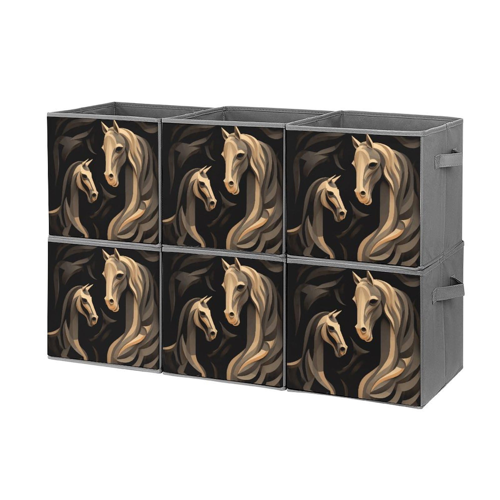 Collapsible Waterproof Storage Cube Bins with Handles - 6 Pack Organizer for Home, Closet, Office & Bedroom | Wood Carving Horse Toy Storage Box, Space-Saving Foldable Design