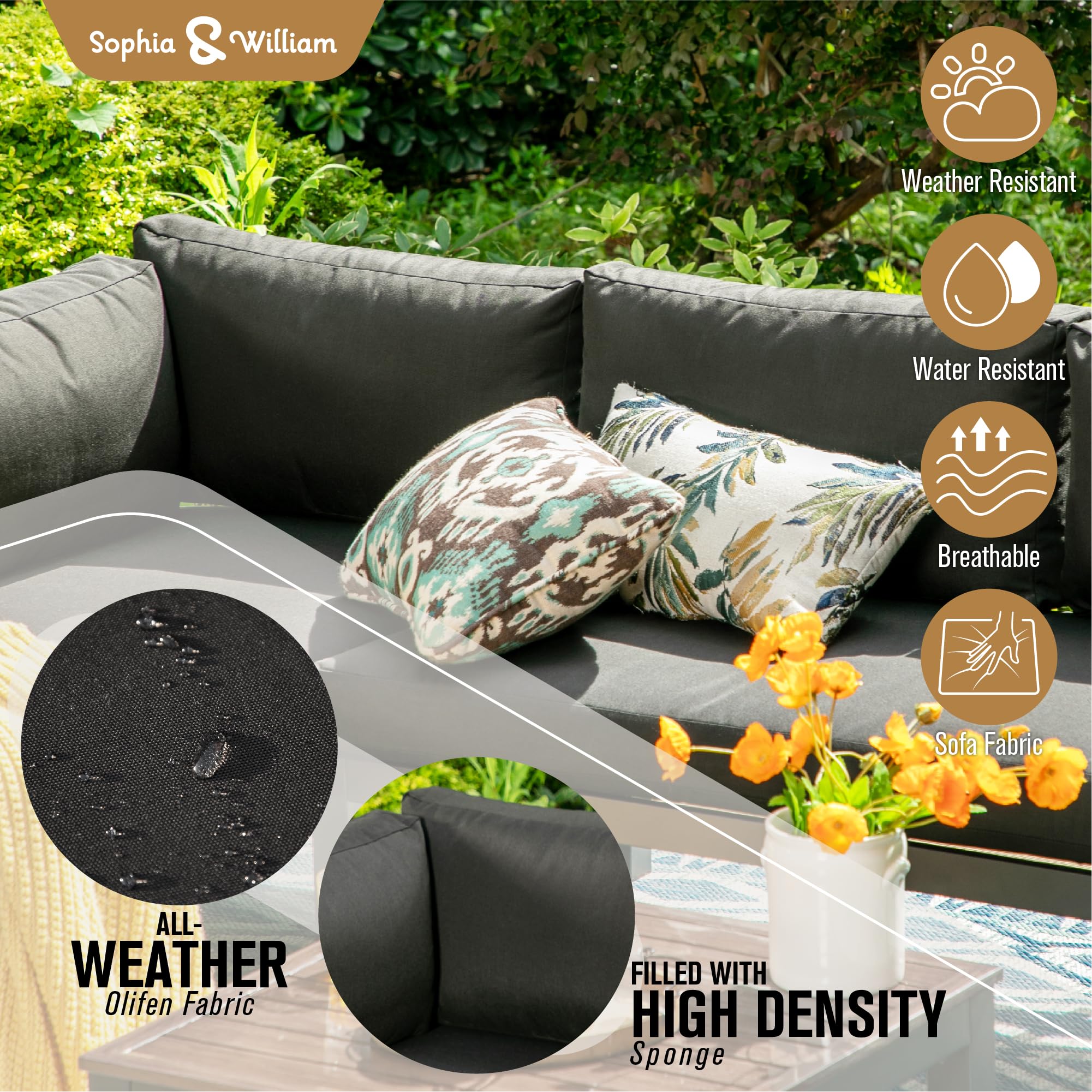 Sophia & William 7-Piece Aluminum Outdoor Sectional Sofa Set - L-Shaped All-Weather Patio Furniture with Cushions, 2 Loveseats & Coffee Table - Perfect for Backyard, Poolside & Garden Relaxation (Black)