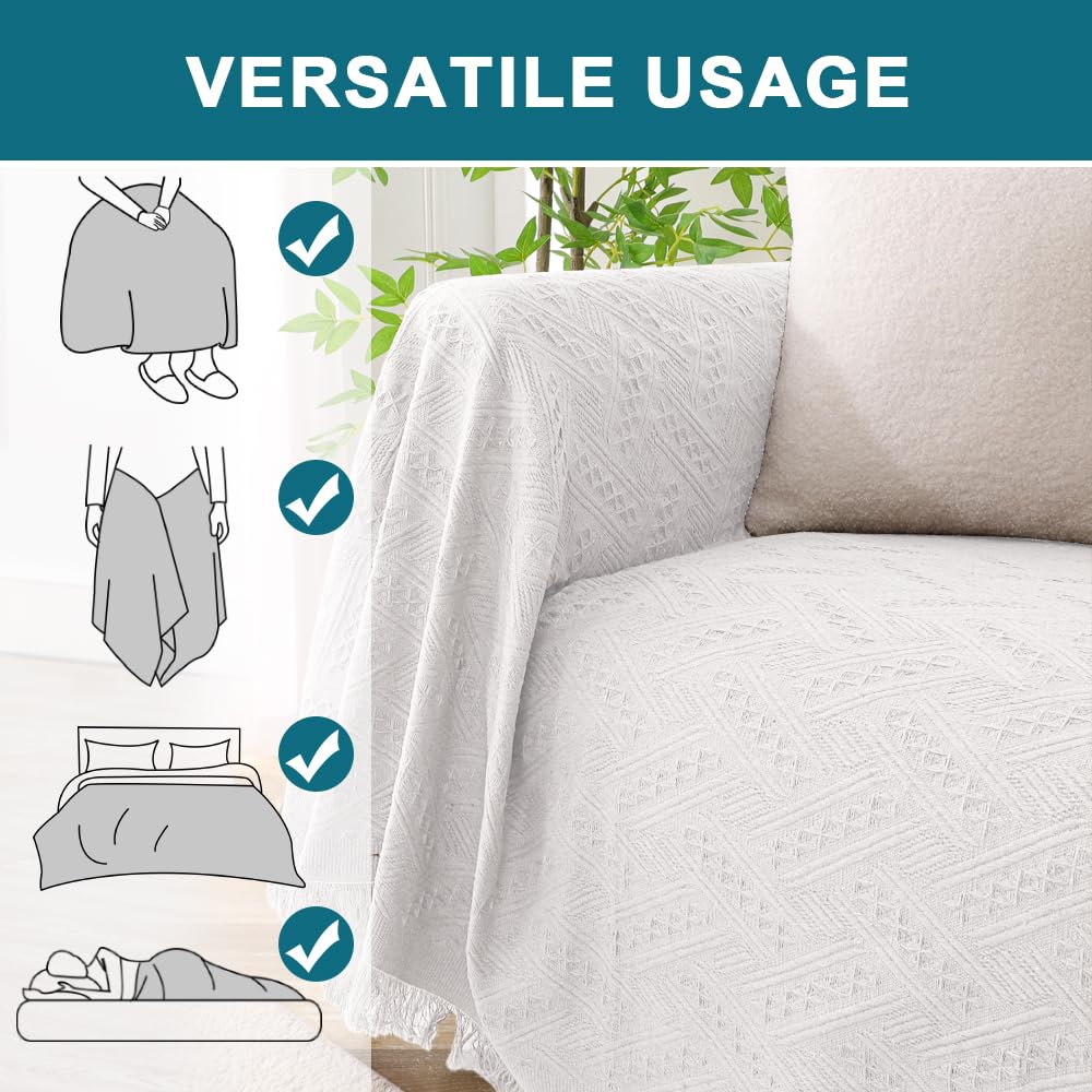 Turquoise Cotton Sofa Cover - Washable White Couch Protector for Pets - Jacquard Woven Sectional Sofa Cover with Geometric Pattern (71