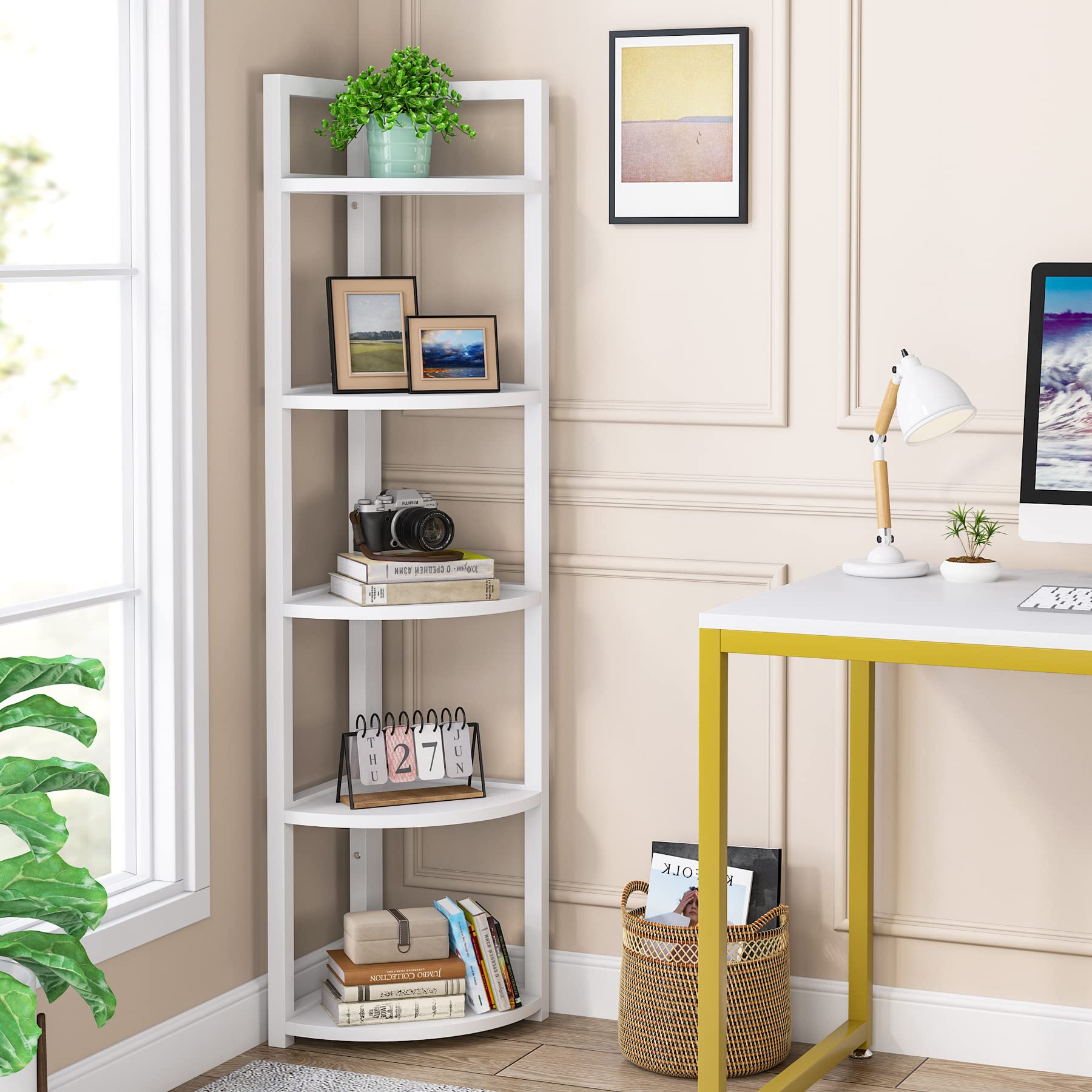 Tribesigns 5-Tier Corner Shelf - Modern Space-Saving Bookcase, Storage Rack & Plant Stand for Living Room, Home Office, Kitchen | White Wooden Shelving Unit for Small Spaces & Apartment Decor