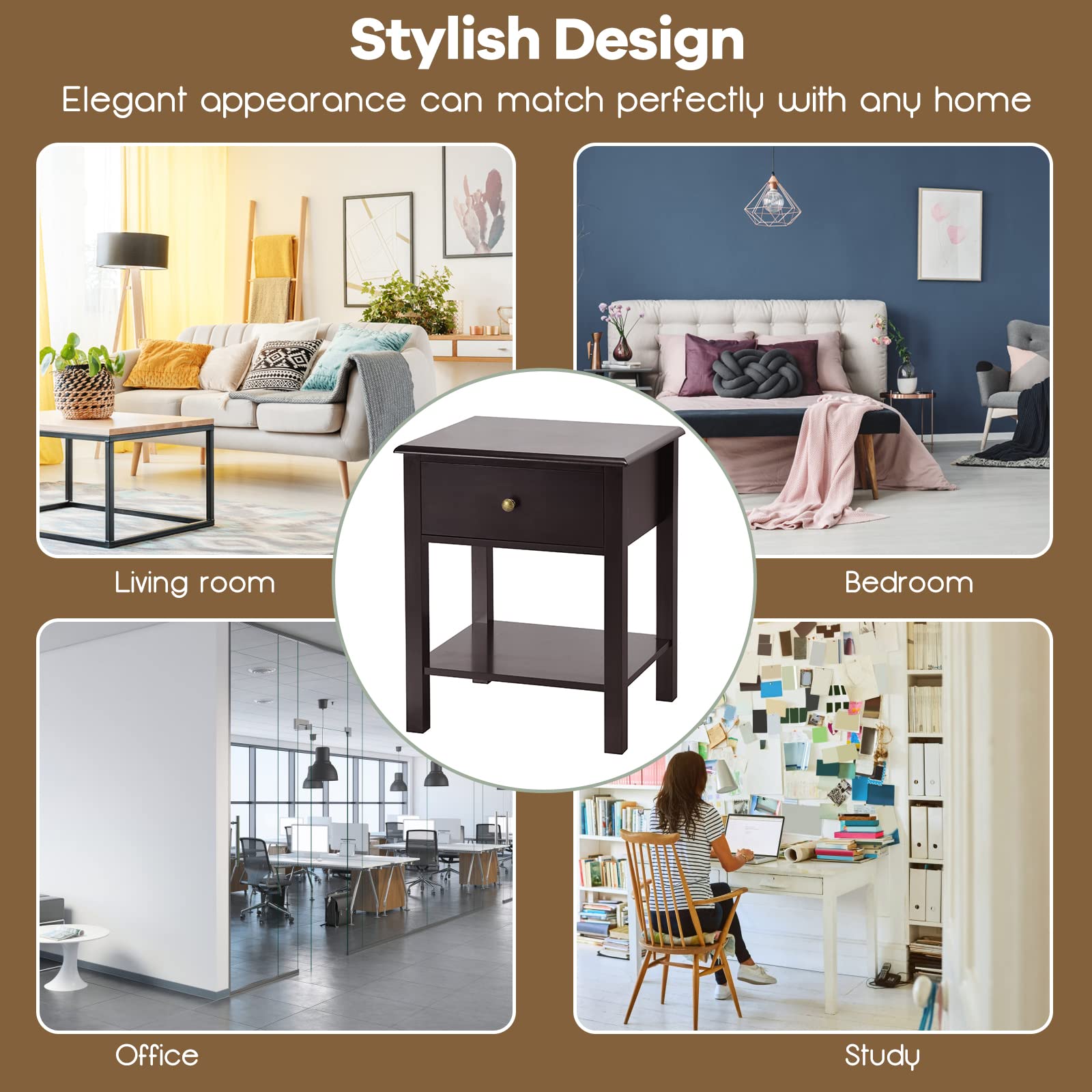 Julimoon Rustic Brown Nightstand with Drawer and Open Shelf - Modern Wood End Table for Bedroom, Living Room, or Sofa Bed - Perfect for Small Spaces, Apartment Decor & Farmhouse Style Homes