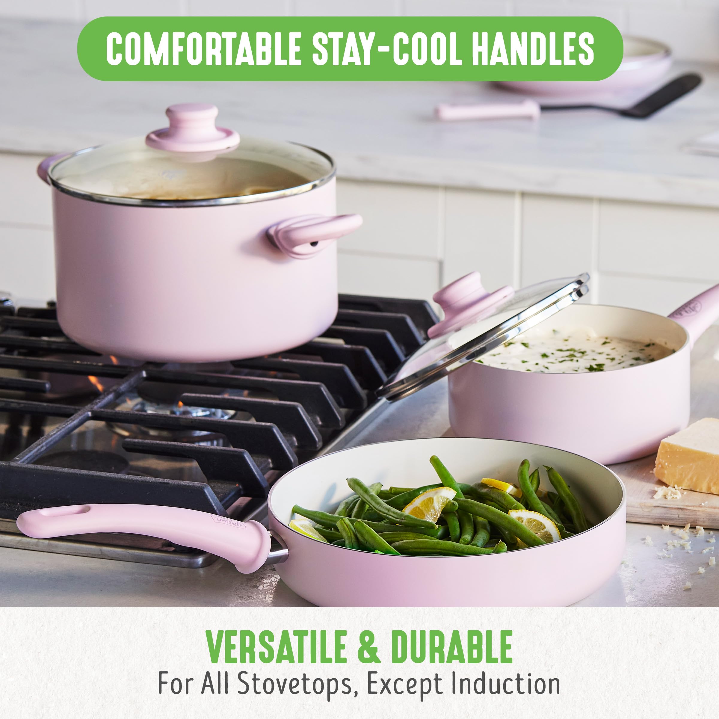 GreenLife Soft Grip 16-Piece Non-Toxic Ceramic Nonstick Cookware Set - PFAS-Free, Oven & Dishwasher Safe Pots and Pans with Glass Lids & Stay-Cool Handles - Perfect for Frying, Sauteing, and Cooking Family Meals - Ideal for Home Chefs and Everyday Kitchen Use