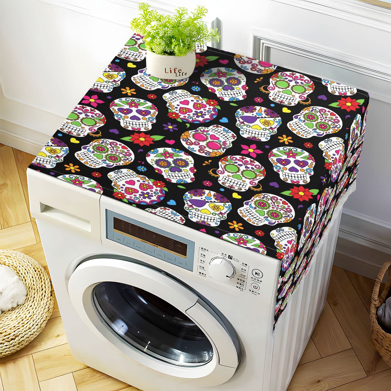 Day of the Dead Skull Halloween Washing Machine Cover - 51''x22'' Non-Slip Washer Dryer Top Mat, Waterproof Front Load Refrigerator Dust Cover with 4 Storage Bags - Perfect for Home Decor, Laundry Room & Kitchen Protection