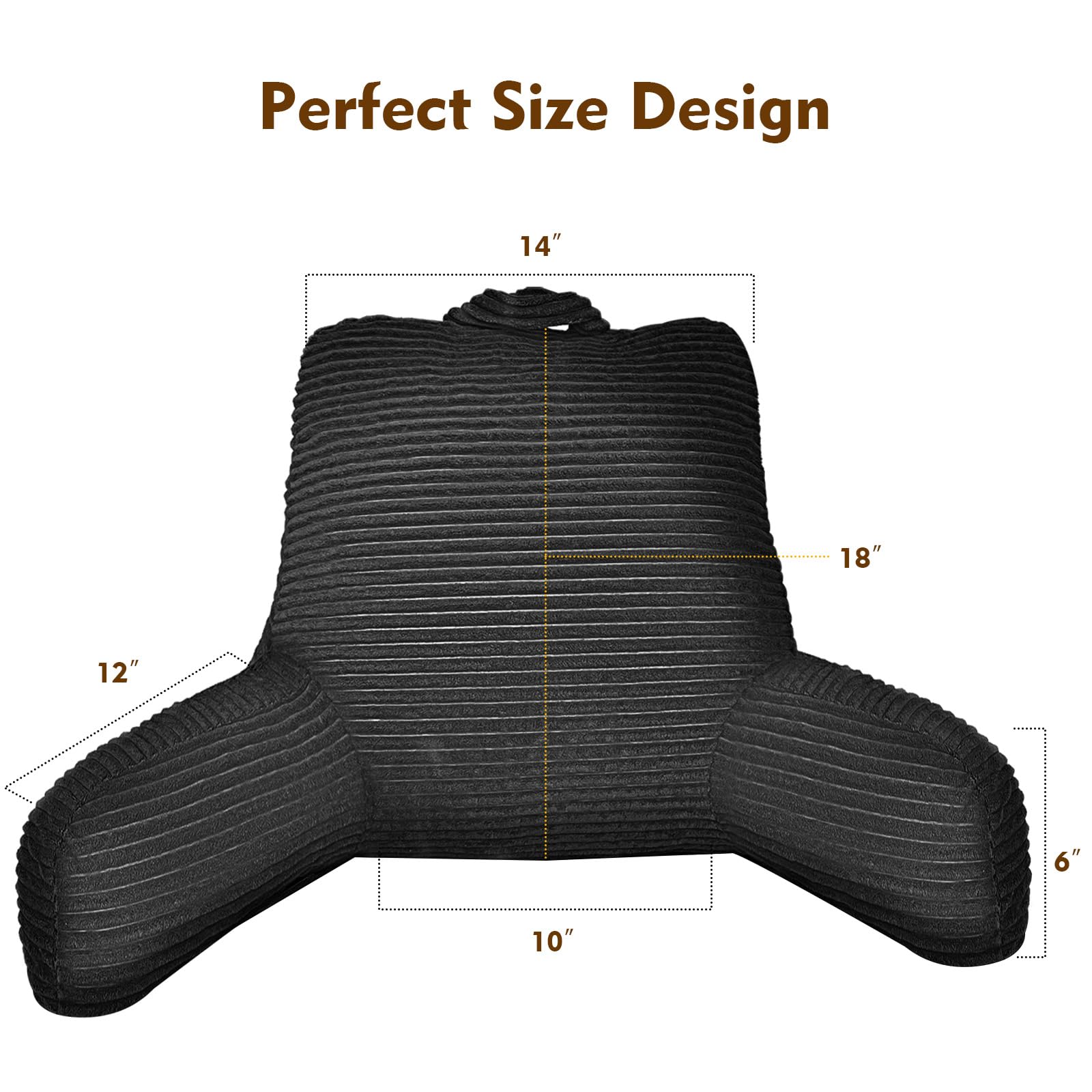 **Memory Foam Reading Pillow for Adults - Large Black Bed Pillow with Arms & Pockets - Plush Microfiber Cover for Comfort - Perfect for Reading, Watching TV, or Relaxing in Bed**