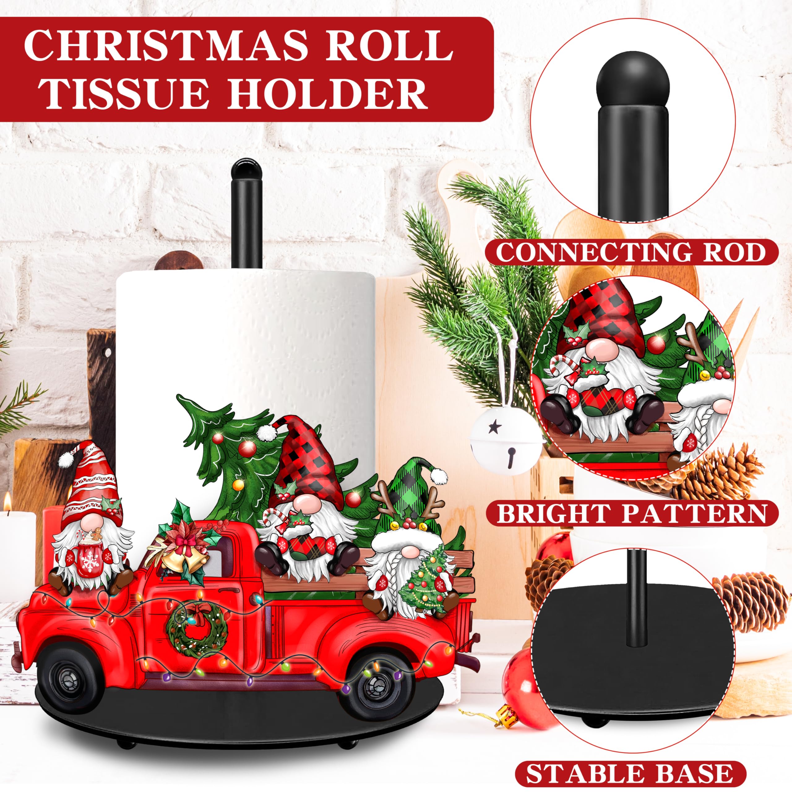 Large Christmas Gnome Truck Metal Paper Towel Holder - Rustic Farmhouse Kitchen Decor for Countertops, Bathroom & Living Room | Holiday Home Accessories for Xmas & Winter Season
