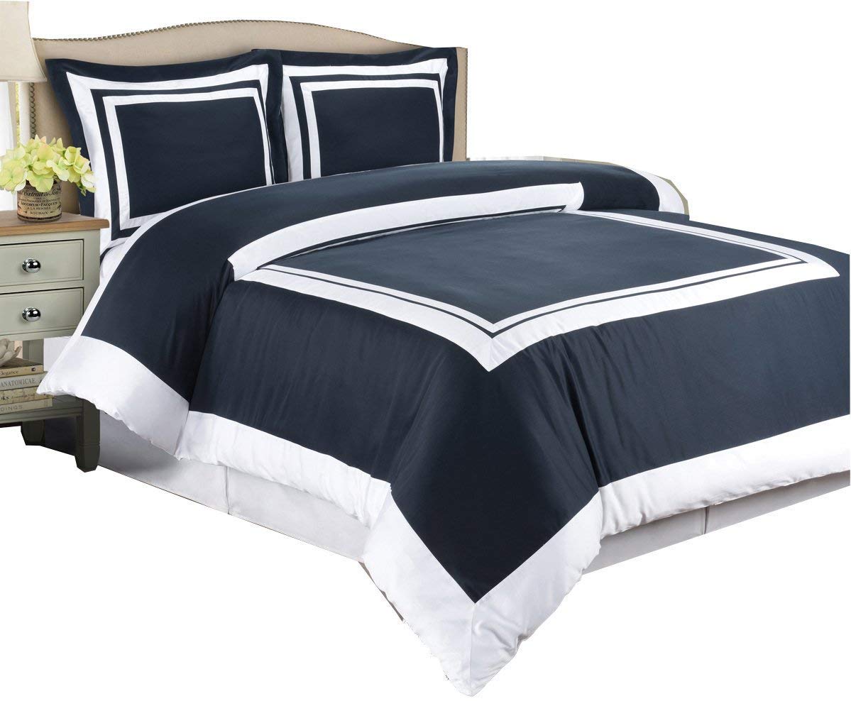 Royal Hotel Luxury 4-Piece Full/Queen Comforter Set - 100% Premium Cotton, 300 Thread Count Navy & White Bedding - Perfect for Master Bedroom, Guest Room & Vacation Homes