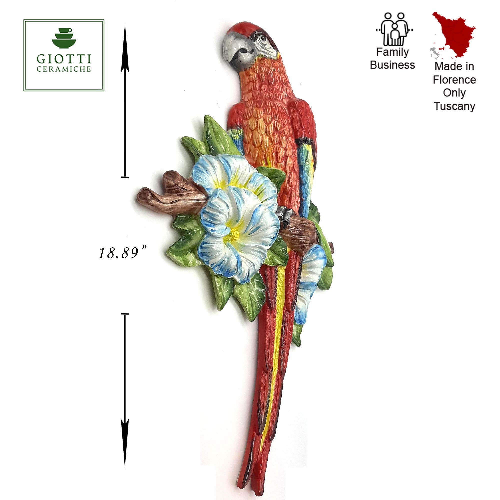 Hand-Painted Italian Ceramic Parrot Wall Hanging - Authentic Italy-Made Pottery Bird Decor for Patio, Garden & Home - Unique Wall Art for Bohemian, Mediterranean & Tropical Home Decor Styles