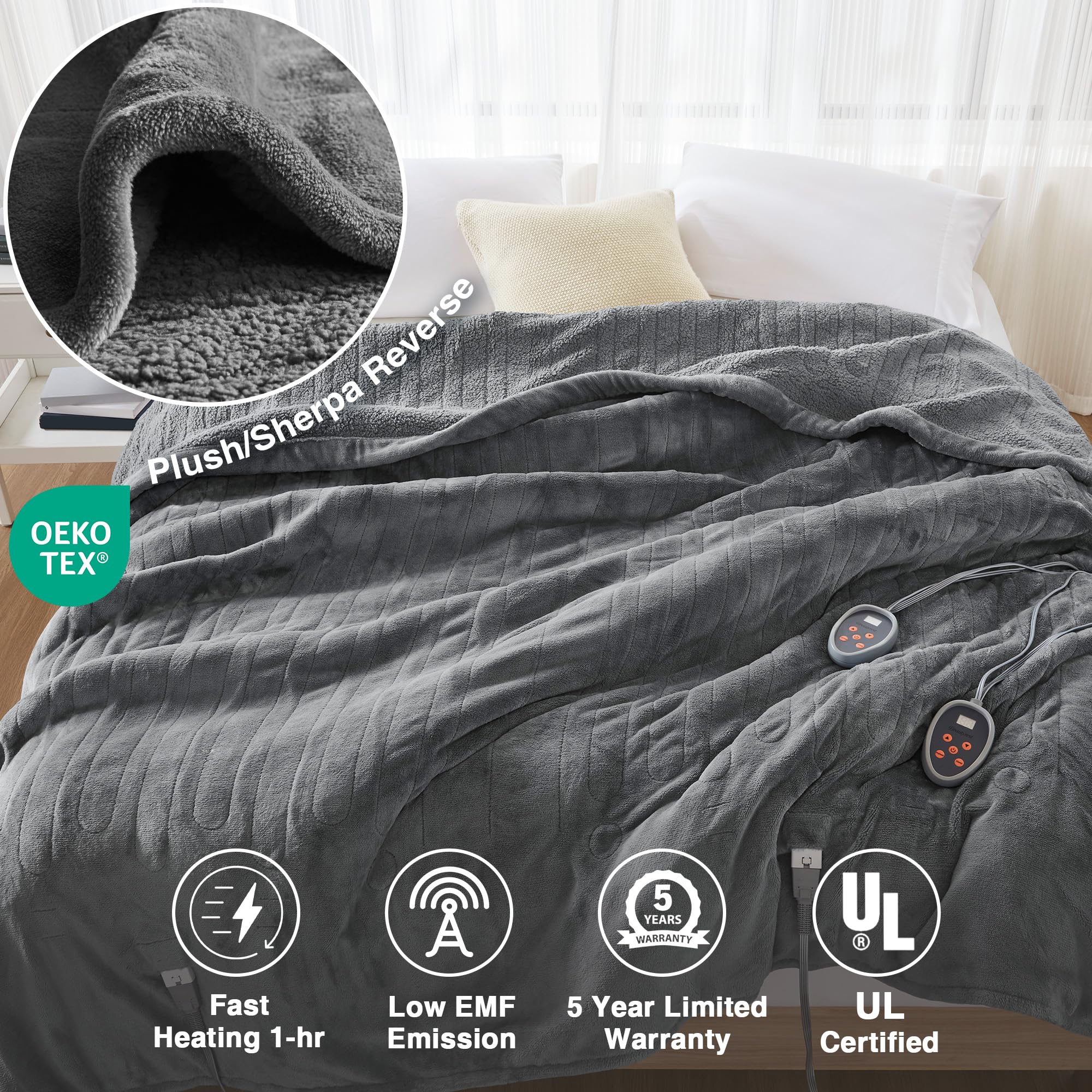 Beautyrest Electric Heated Blanket - 20 Heat Settings & Auto Shut Off Timer, Reversible Sherpa Plush Blanket for Queen Size Bed (90x84 inches), Machine Washable, Soft & Warm Grey Blanket - Perfect for Winter Nights, Cold Weather & Cozy Home Comfort