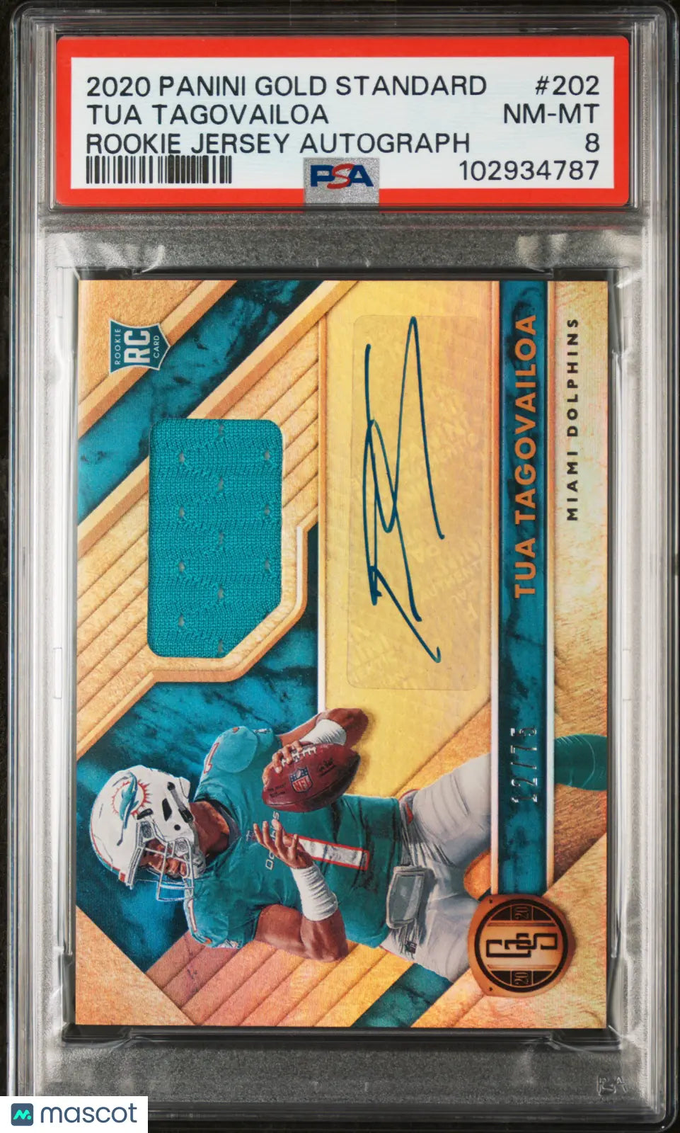 2020 Panini Gold Standard Tua Tagovailoa Rookie Card Jersey Auto Autograph PSA 8 /75 - Rare Football Collectible for Sports Memorabilia Display & Investment