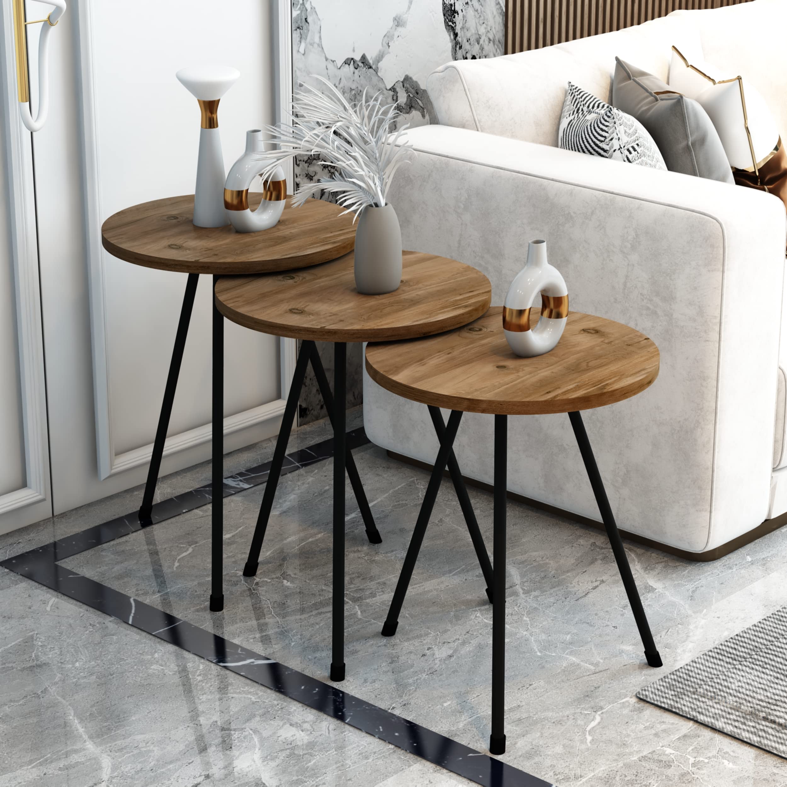 4 Piece Living Room Table Set - 1 Coffee Table & 3 Nesting Tables, Easy No-Tools Assembly, Solid Pinewood, Ellipse Coffee Table with Round Side Tables - Perfect for Small Spaces, Living Room Decor & Coffee Table Organization
