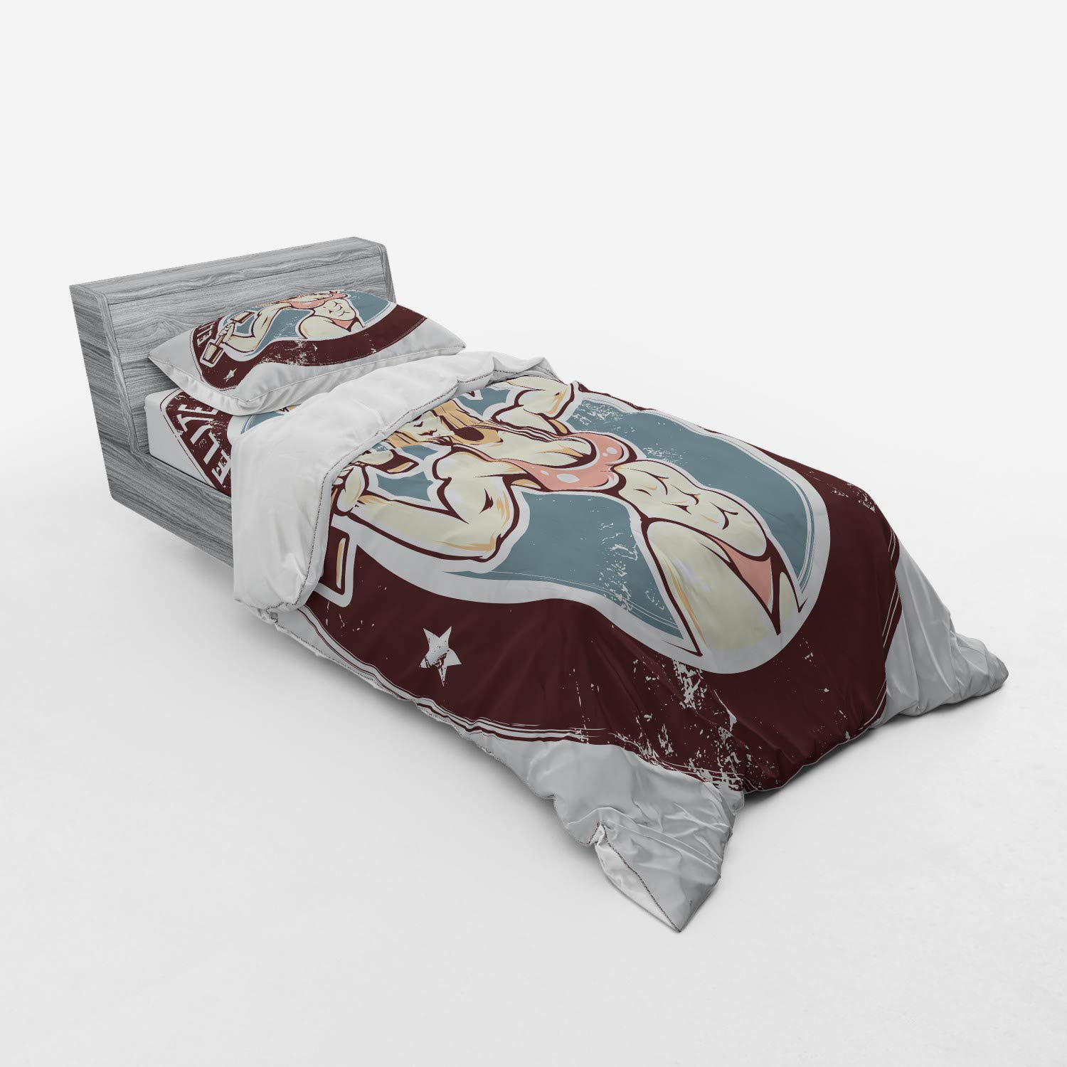 Ambesonne Fitness Duvet Cover Set - Retro Gym Woman Design, 3 Piece Bedding Set with Pillow Sham & Fitted Sheet, Twin XL Size, Warm Taupe Slate Blue - Perfect for Home Gym Decor & Fitness Enthusiast Bedroom