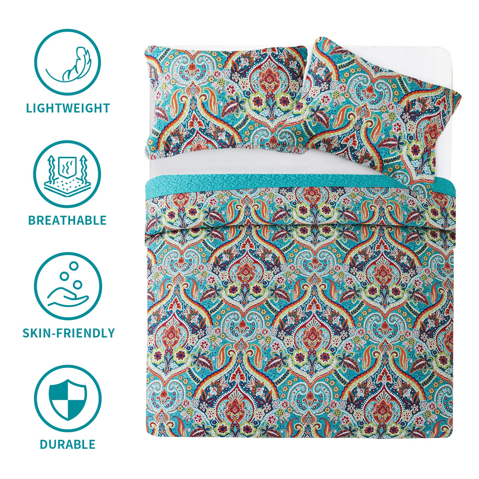 BEDIFANY Queen Size Quilt Set - Lightweight 100% Cotton Reversible Bedspread Coverlet (90x98 Inches) with Boho Design - 3-Piece Bedding Set for Comfortable Sleep - Perfect for Guest Rooms, Master Bedrooms & Cozy Home Decor