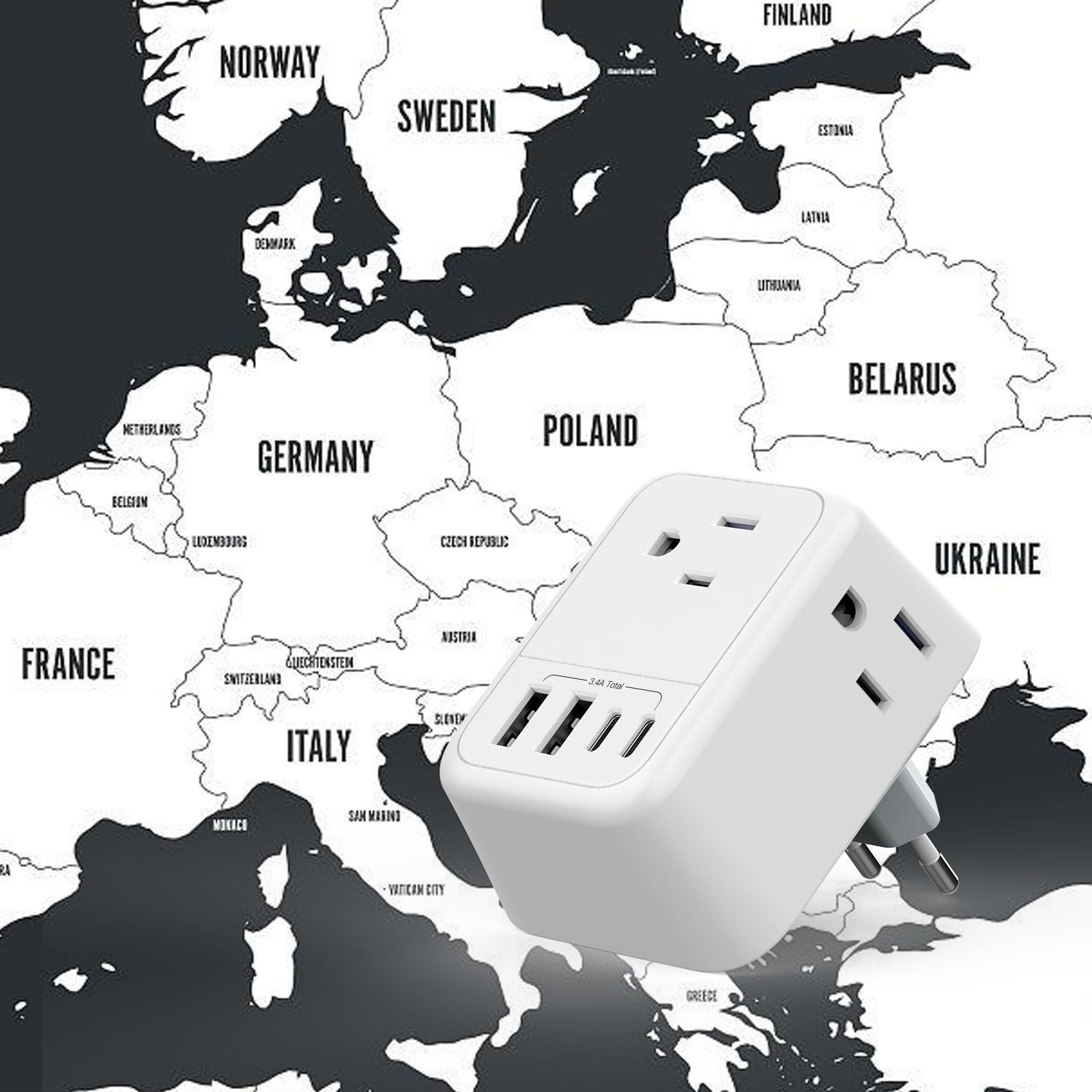 Universal Travel Plug Adapter with 4 AC Outlets & 4 USB Ports (2 USB-C) - Worldwide International Power Converter for Europe (France, Germany, Italy, Spain) - Perfect for Business Trips, Vacations & Charging Multiple Devices [1 Pack]