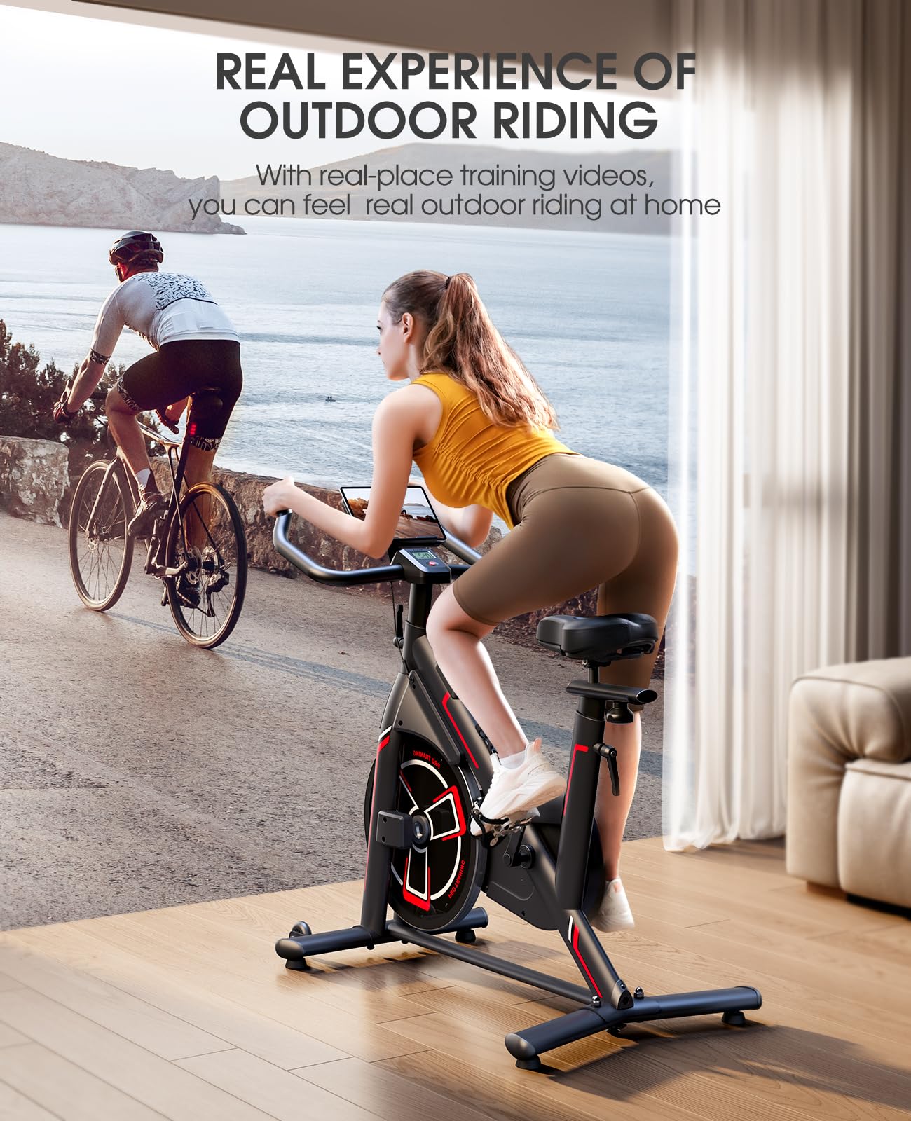 Premium Magnetic Resistance Exercise Bike with Exclusive App - 330LBS Capacity Indoor Cycling Bike with LCD Monitor, Tablet Holder & Silent Belt Drive - Perfect for Home Gym, Cardio Workouts & Spin Classes
