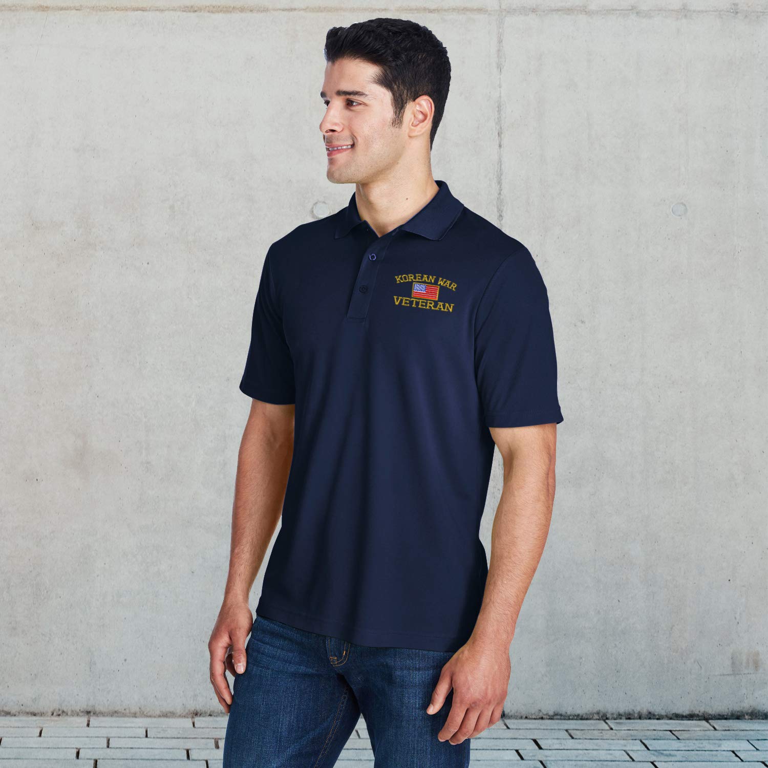 Performance Golf Tees for Men - American Veteran Korean War Embroidered Polyester Short Sleeve Polo Shirt - Navy Blue - Size Large - Perfect for Golf Tournaments & Patriotic Events