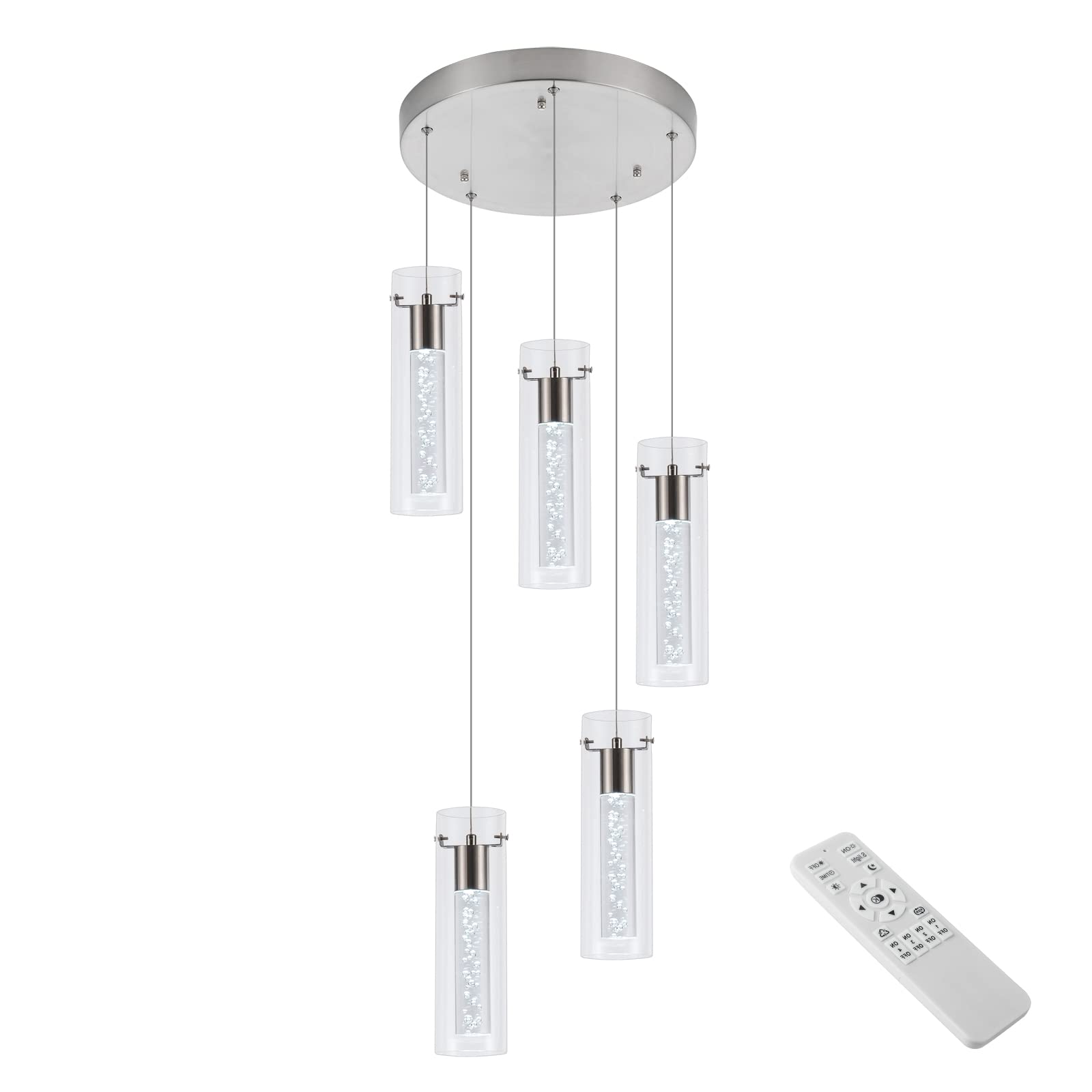 Tri-Color Dimmable 5-Light Kitchen Island Pendant Lighting Fixture - 40W 3400lm with Remote Control & Brushed Nickel Finish - Perfect for Dining Room, Living Room, Kitchen Island Lighting & Modern Home Decor