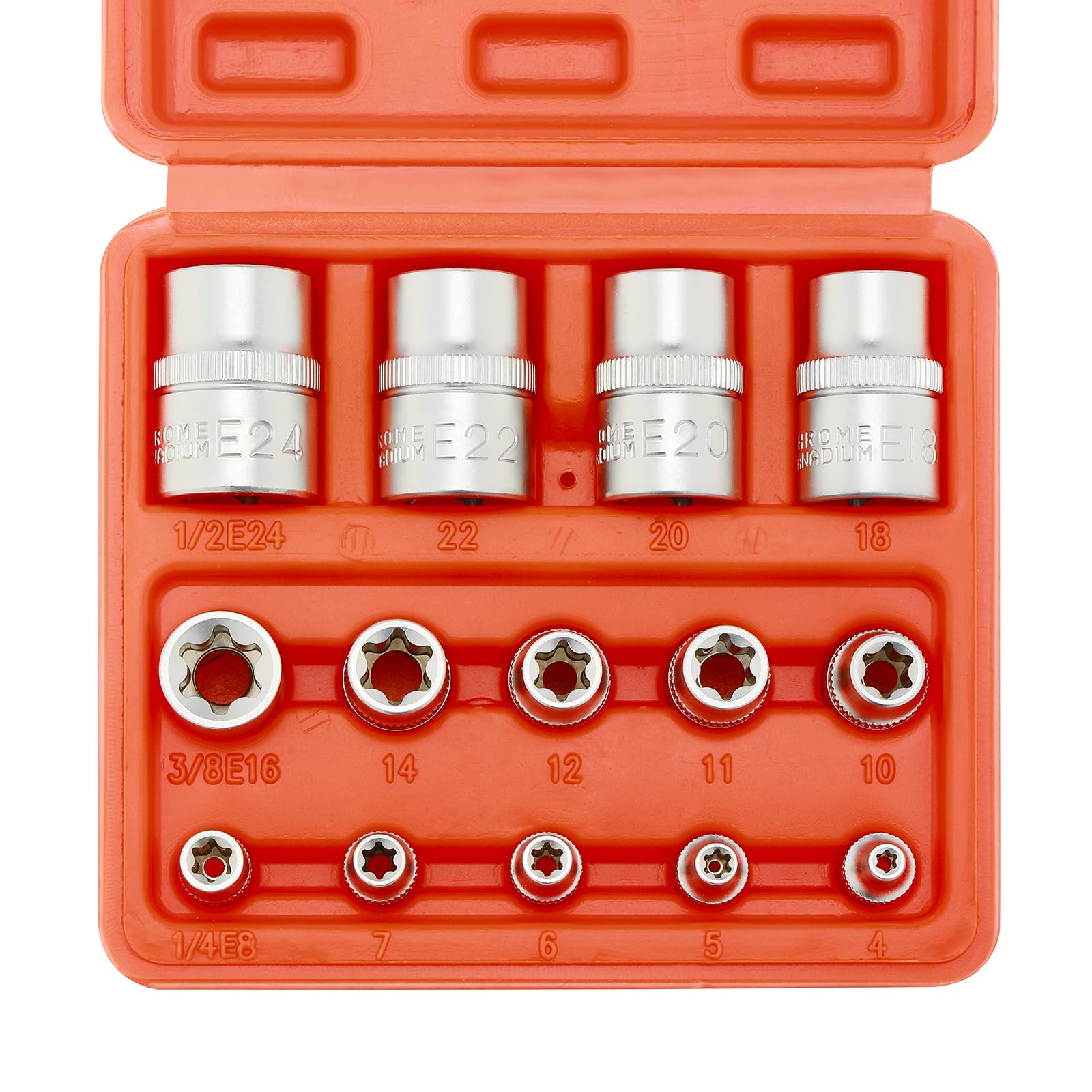 CASOMAN 14-Piece Female E-TORX Star Socket Set - E4 to E24 Torque Sockets with 1/4