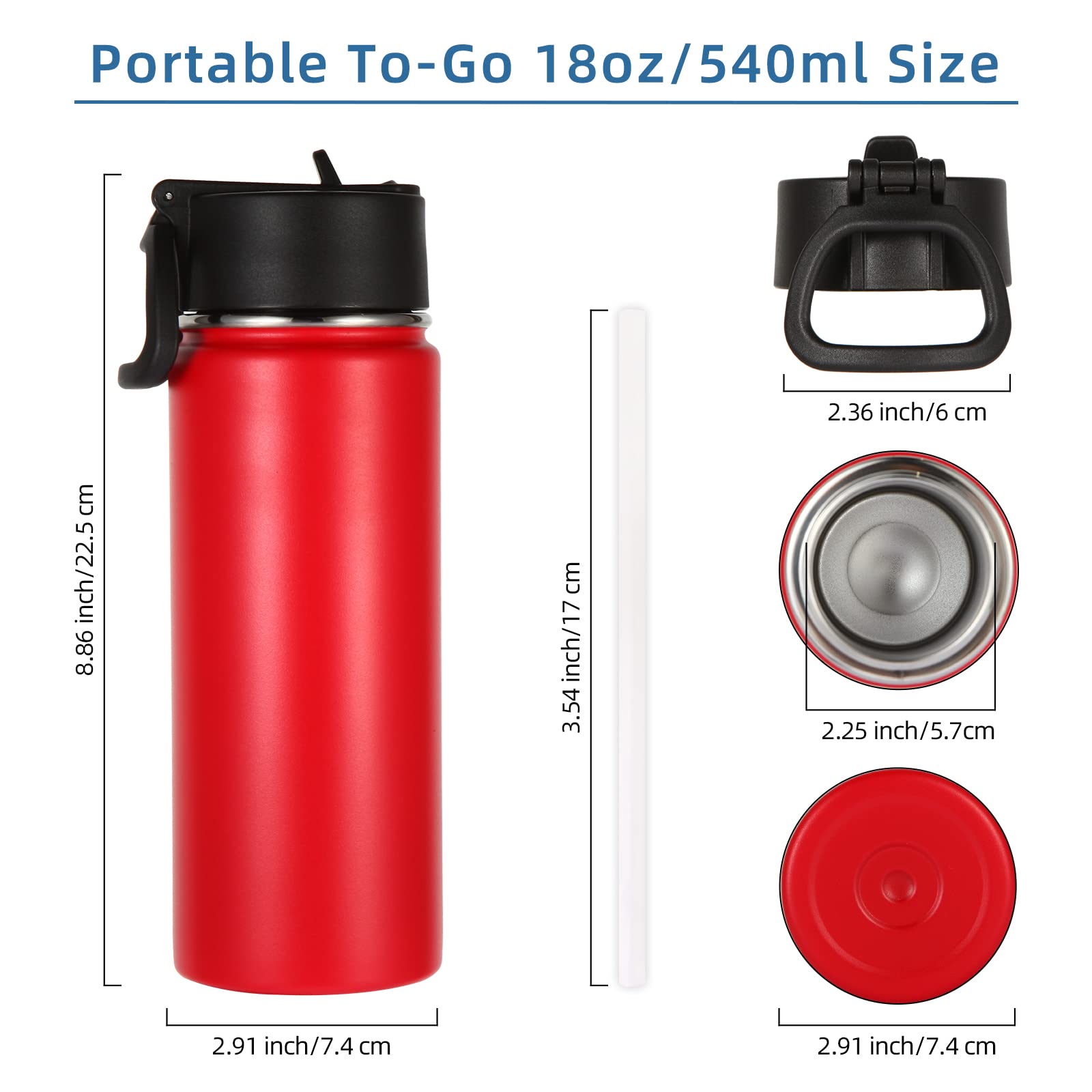 Volhoply 18oz Insulated Stainless Steel Water Bottle with Straw Lid - Wide Mouth Thermos Flask for Hot & Cold Drinks - Vacuum Sealed Metal Sports Bottle for Travel, Gym & Outdoor Activities (Red, 1 Set)