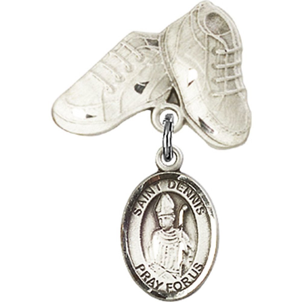 Sterling Silver Baby Badge with St. Dennis Charm & Baby Boots Pin - 1 X 5/8 Inch Elegant Keepsake for Christening, Baptism & Newborn Gifts