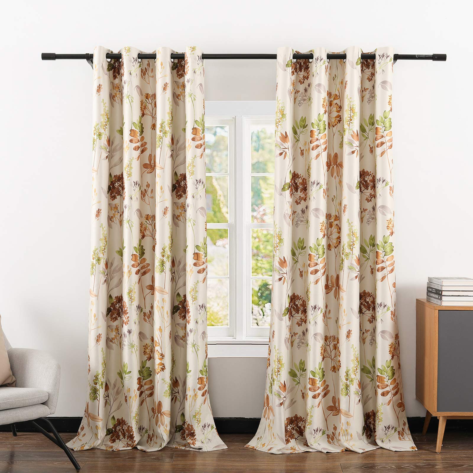 Leeva Blackout Thermal Insulated Window Curtains - Vintage Plant Print Grommet Top Drapes for Bedroom & Dining Room, 52 x 63 Inches, 2 Panels, Brown - Perfect for Light Blocking, Privacy & Home Decor