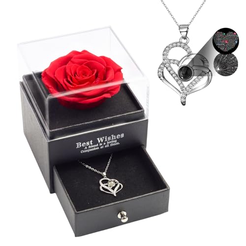 Black Preserved Roses Gifts Box With I Love You Double Heart Necklack