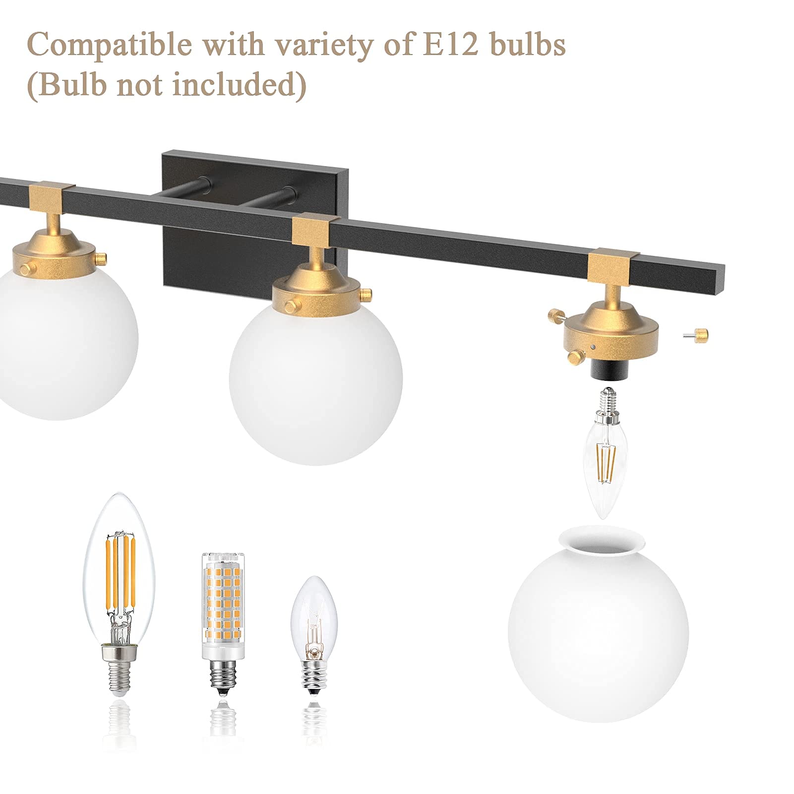 Tipace 4-Light Mid Century Modern Bathroom Vanity Lighting Fixture - Black/Gold Finish with Milk White Glass Globes for Mirror Lighting (Bulbs Not Included) | Perfect for Bathroom, Powder Room, and Dressing Area Vanity Mirror Illumination