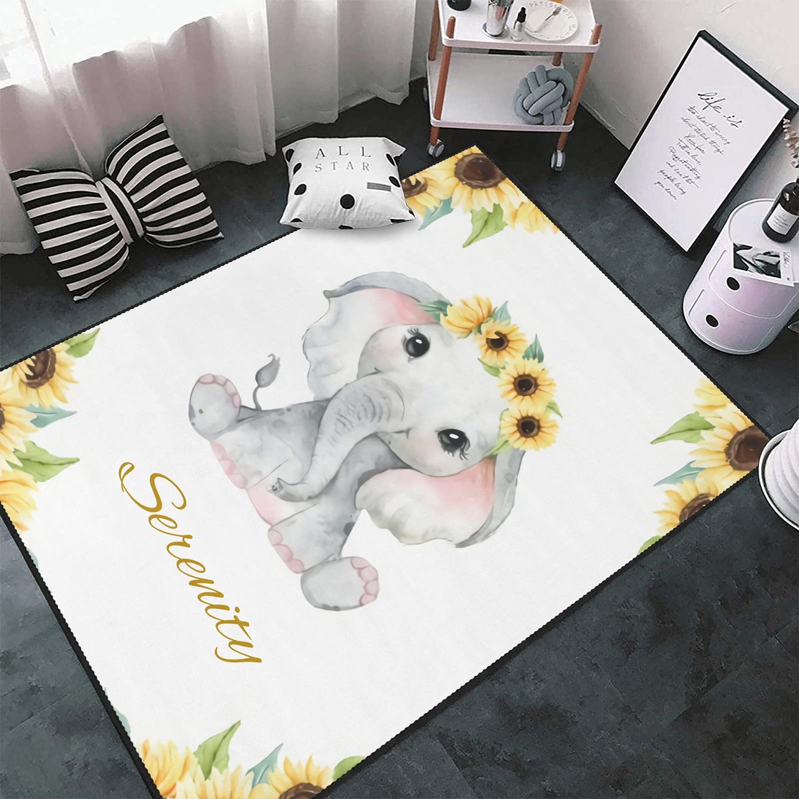 Custom Watercolor Elephant Rug - Nursery & Play Mat for Kids - 4'x5.2